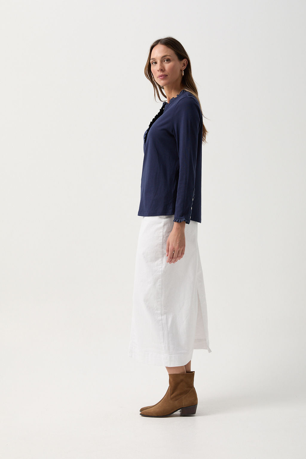 Goondiwindi Cotton Frilled Detailed Polo Long Sleeve Tee - Parisian Night