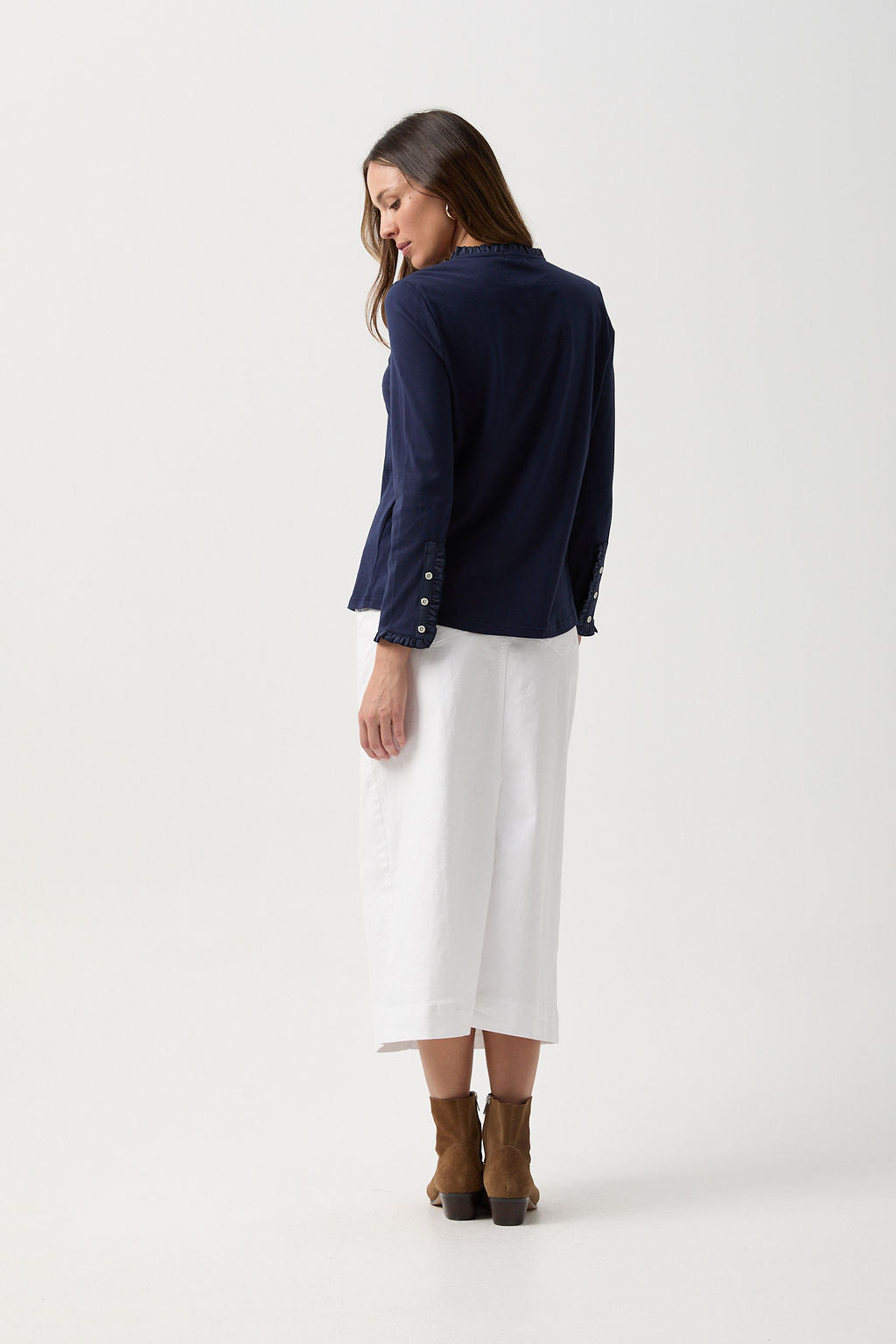 Goondiwindi Cotton Frilled Detailed Polo Long Sleeve Tee - Parisian Night
