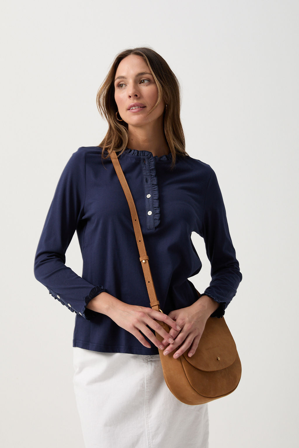 Goondiwindi Cotton Frilled Detailed Polo Long Sleeve Tee - Parisian Night