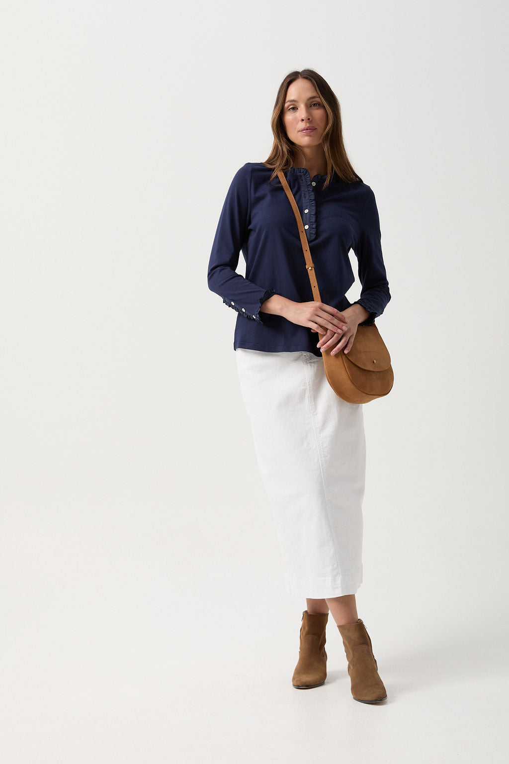 Goondiwindi Cotton Frilled Detailed Polo Long Sleeve Tee - Parisian Night