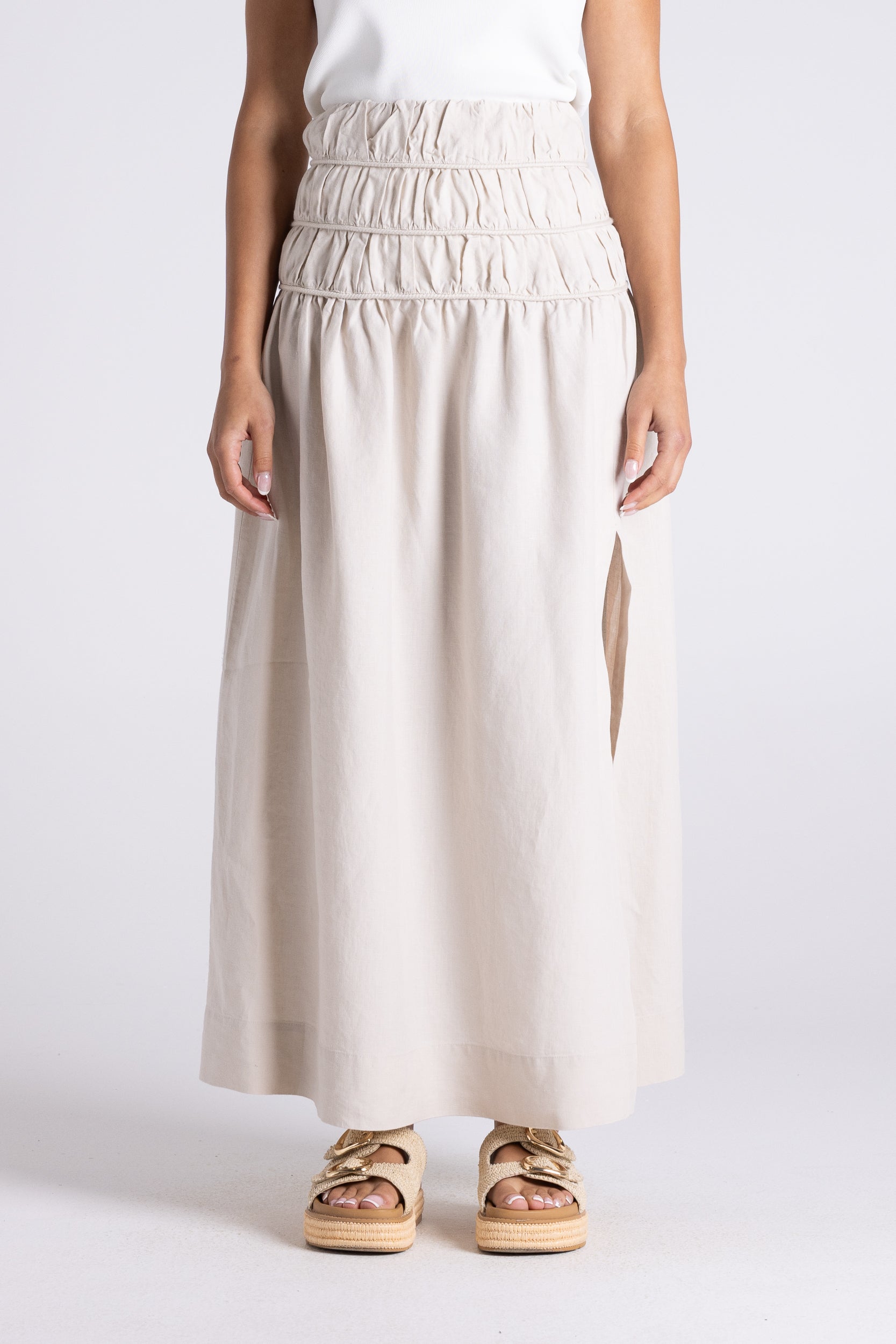 Two T's Gathered Midi Skirt - Straw