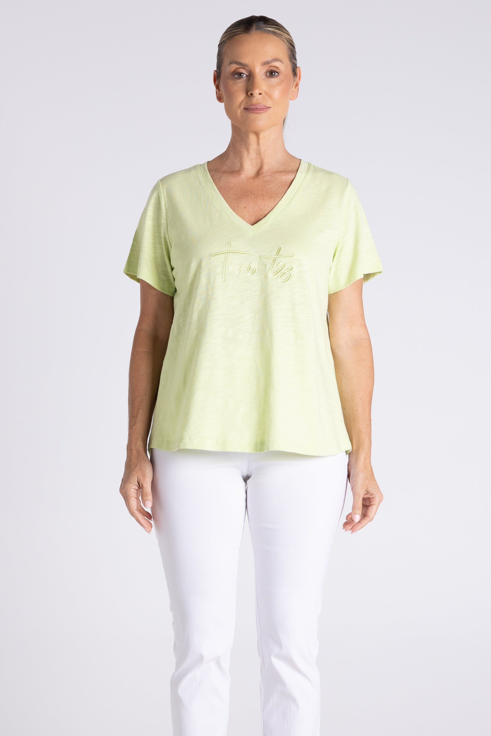 Two T's V Neck T-Shirt with Embroidered Logo - Baby Lime