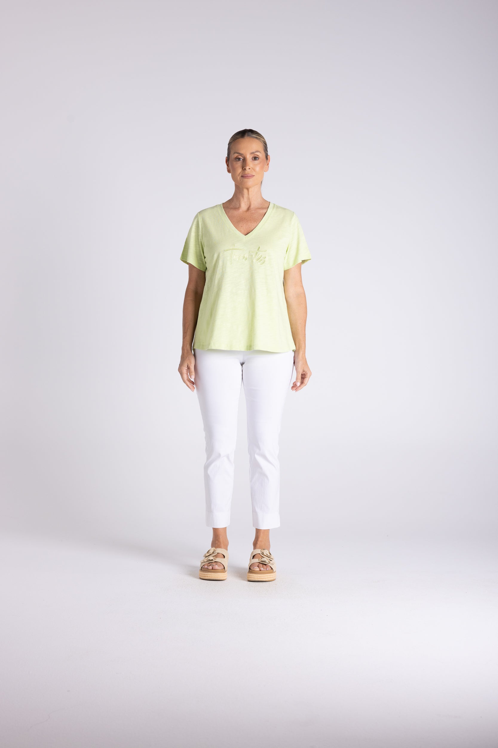 Two T's V Neck T-Shirt with Embroidered Logo - Baby Lime