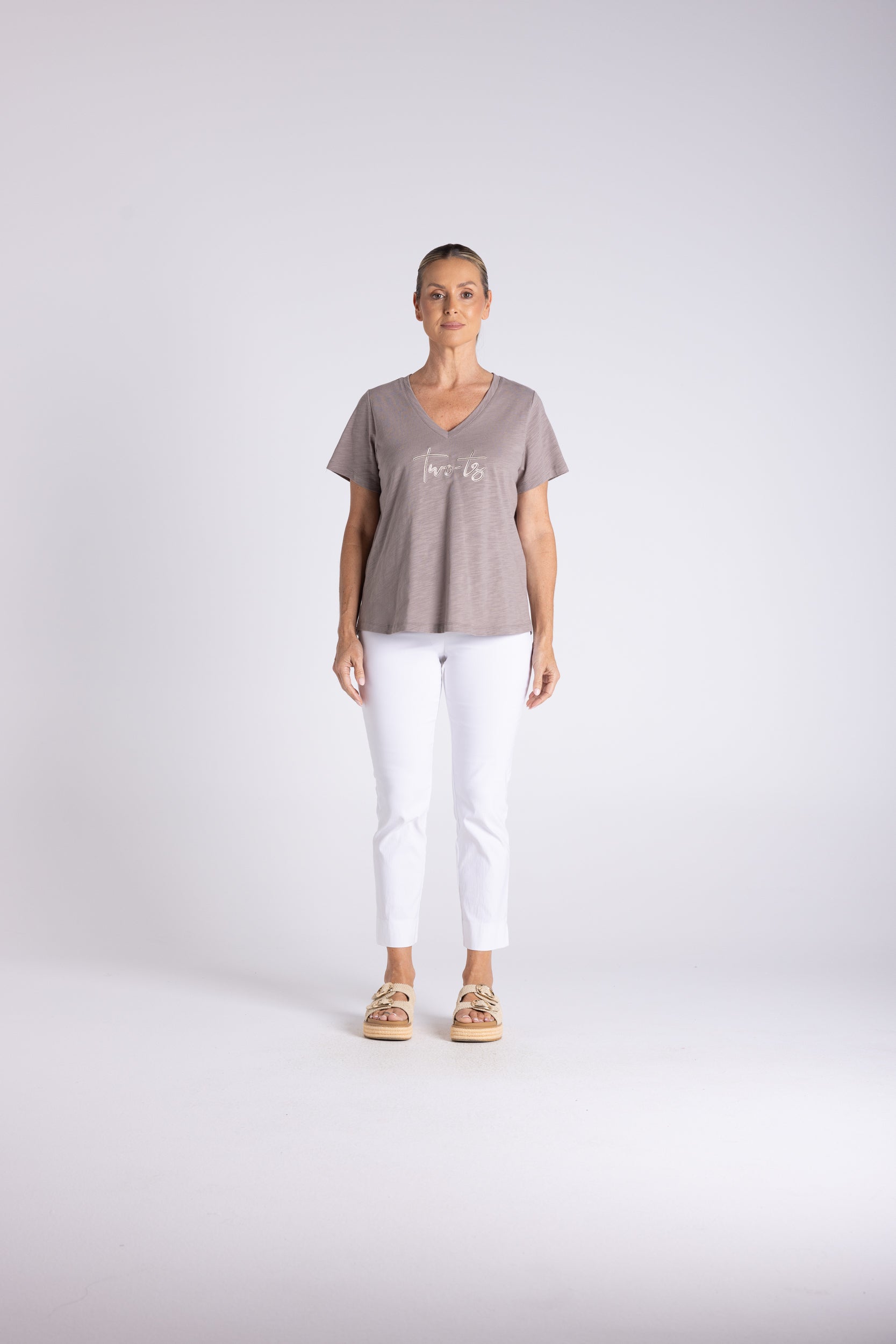 Two T's V Neck T-Shirt with Embroidered Logo - Dove