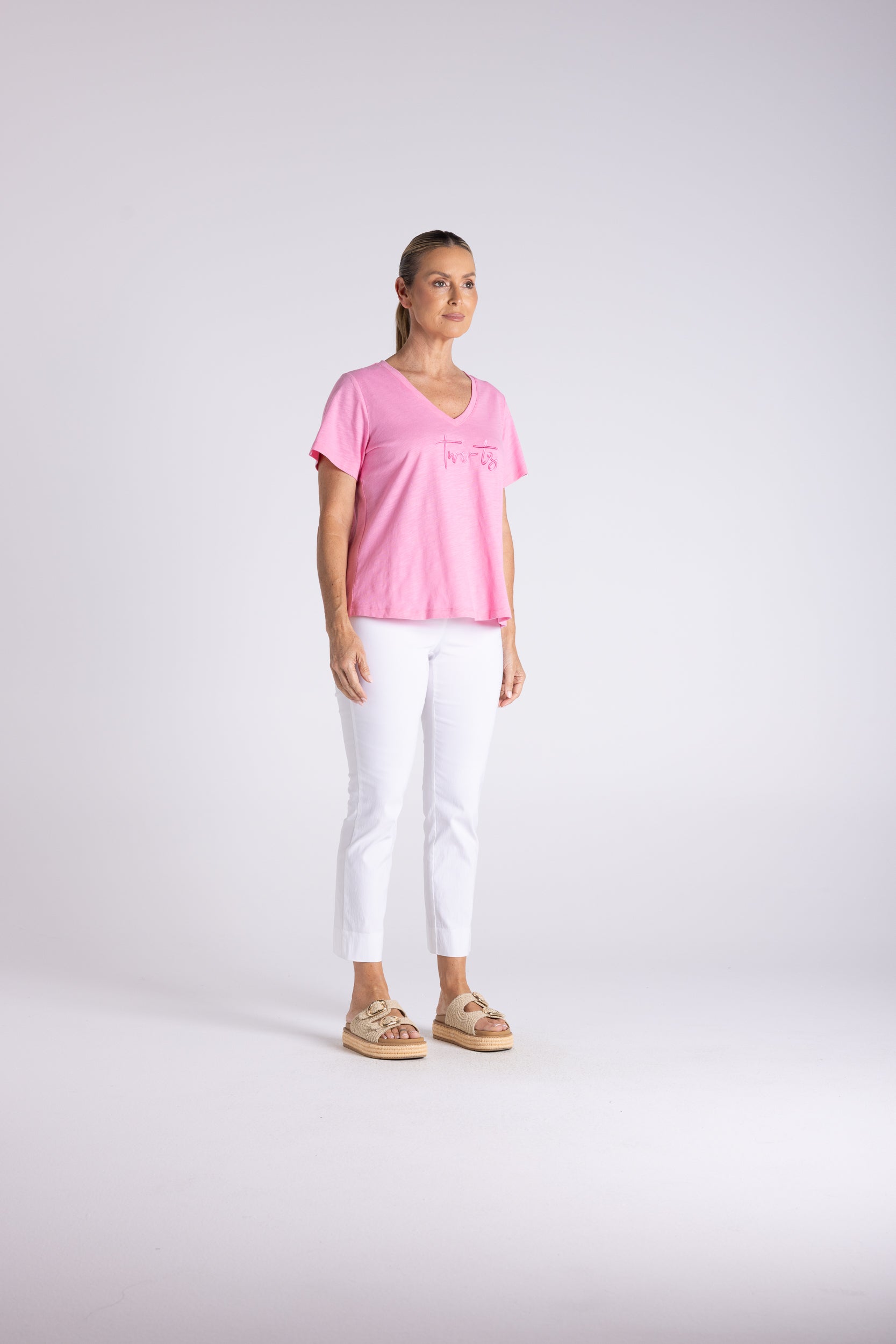 Two T's V Neck T-Shirt with Embroidered Logo - Fluro Pink