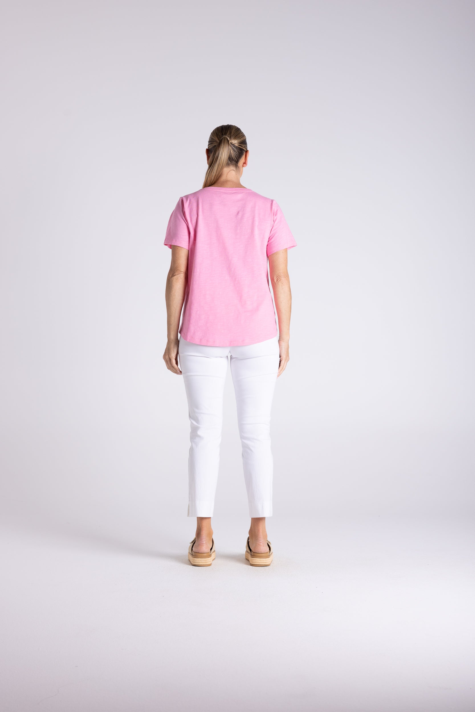 Two T's V Neck T-Shirt with Embroidered Logo - Fluro Pink