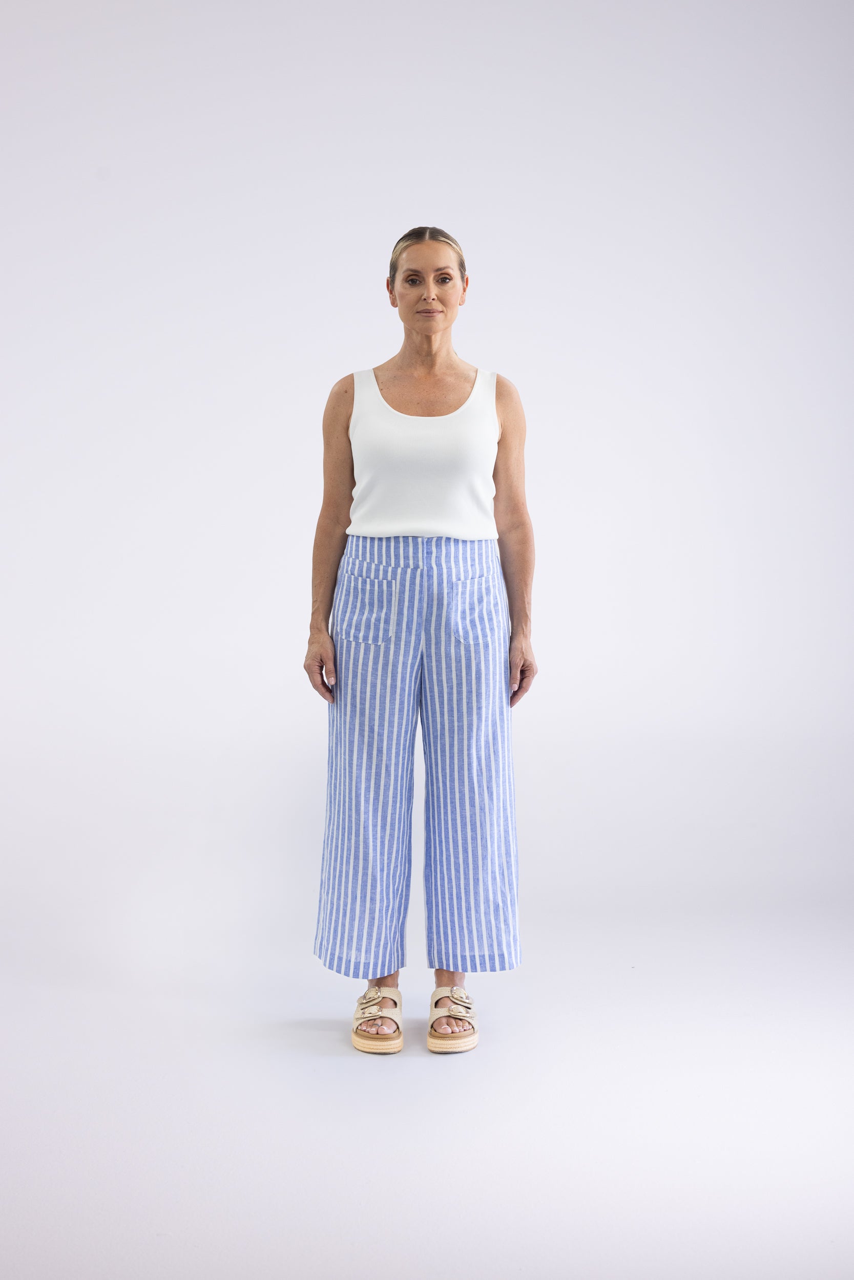 Two T's Amelia Stripe 7/8 Wide Leg Pant - Cornflower Blue/White