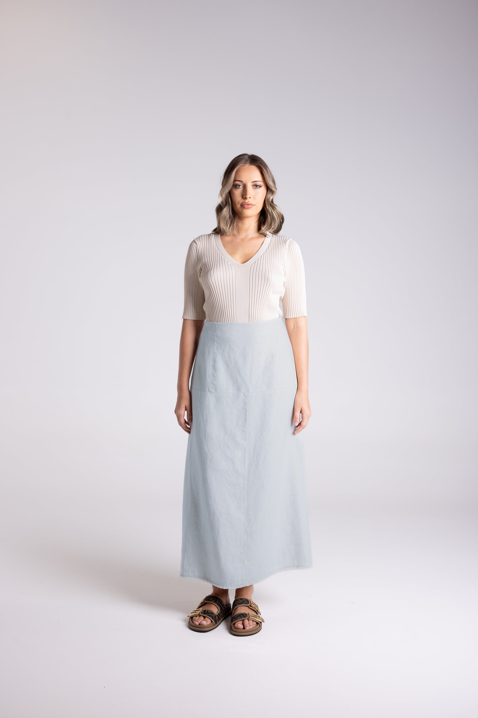 Two T's Tweed Linen Midi Skirt - Sea Foam