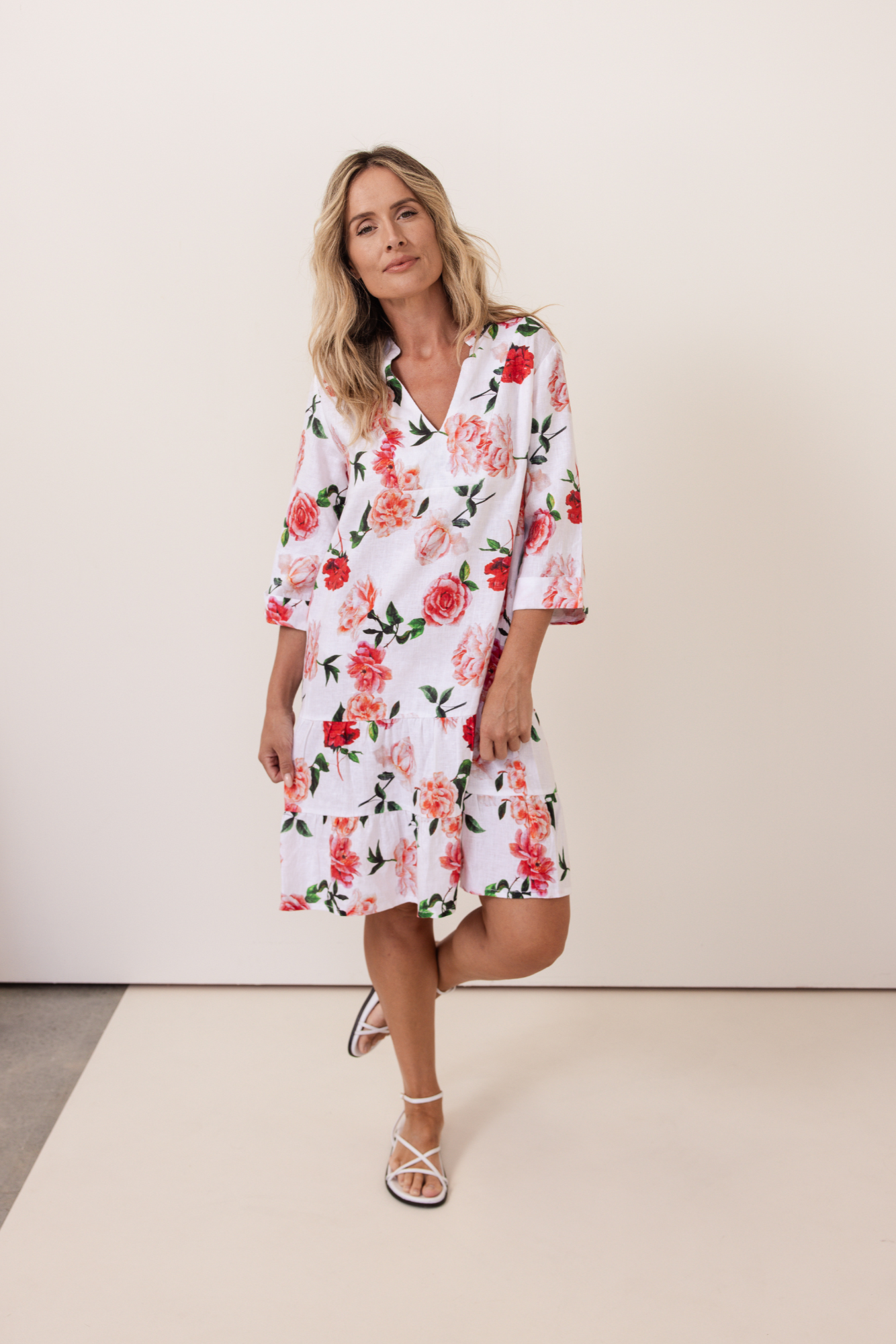 See Saw 3/4 Sleeve V-Neck Tiered Dress - Roses