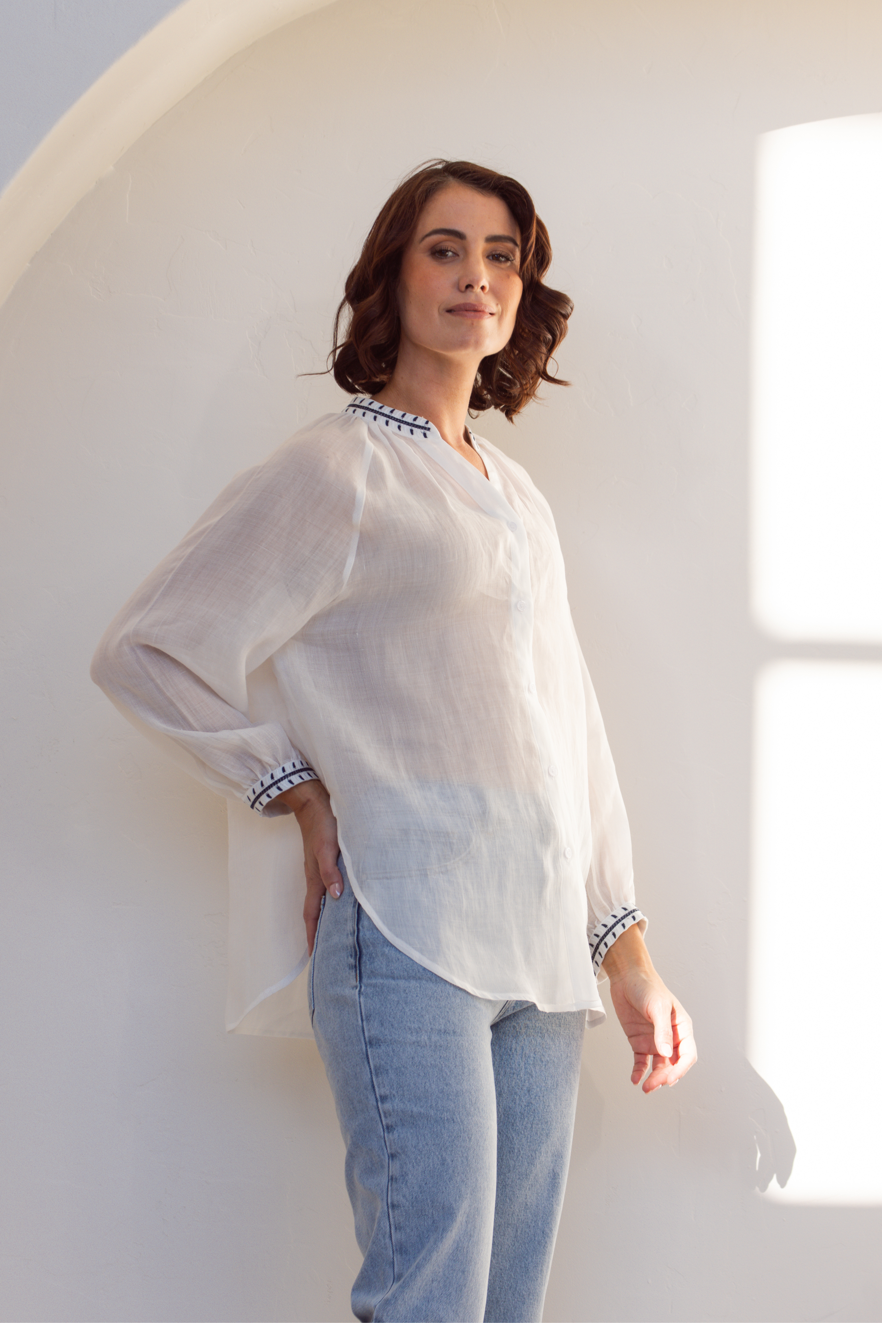 See Saw 3/4 Sleeve Embroidery Detail Shirt - White
