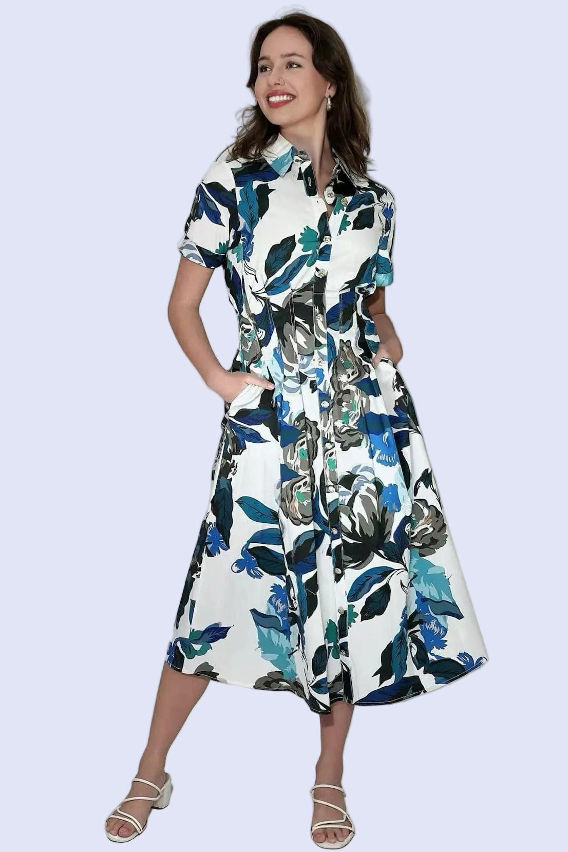 Lorraine Blue Botanical Button Front Midi Dress