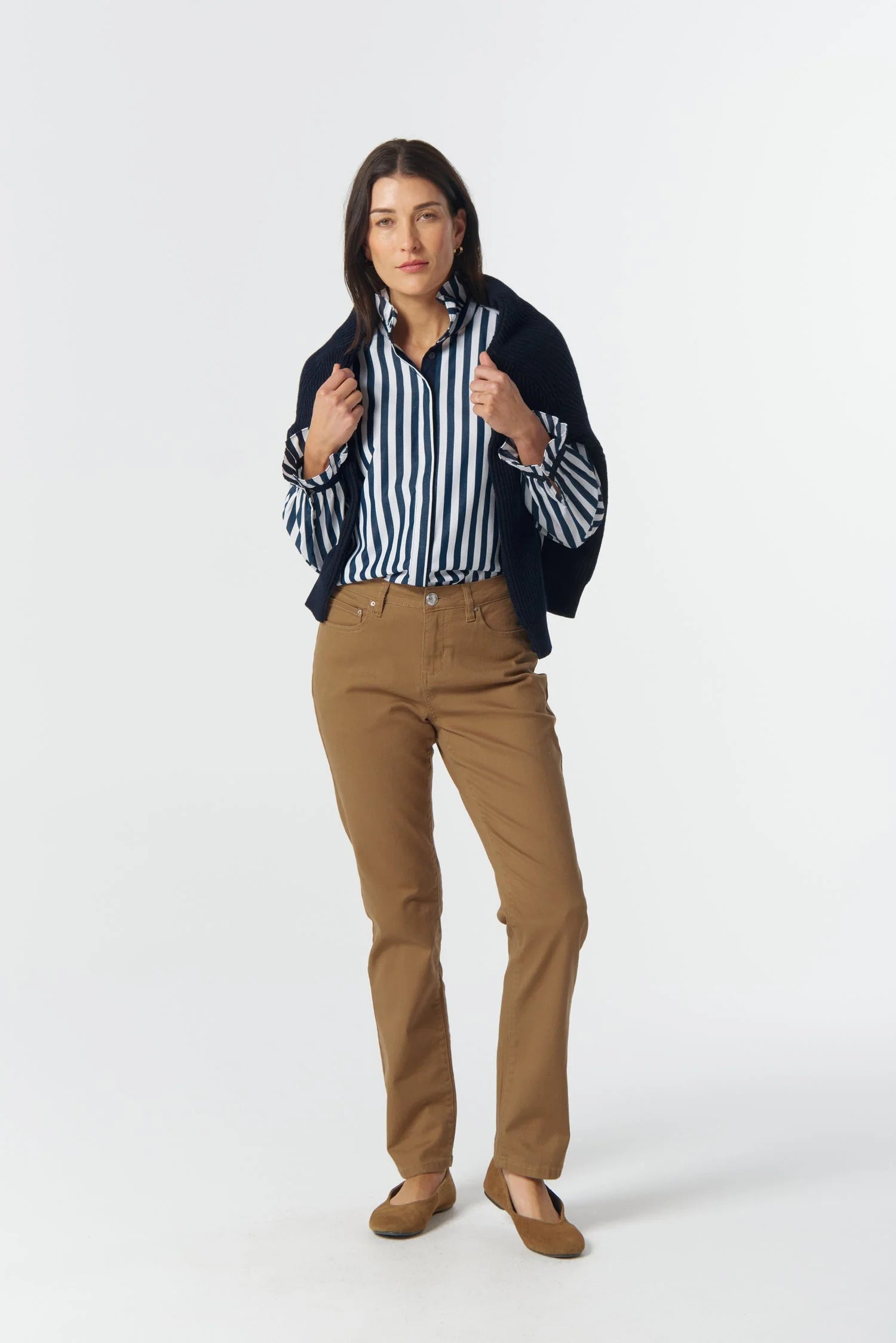 Goondiwindi Cotton Sky Frill Neck Cotton Shirt - Dark Navy/White