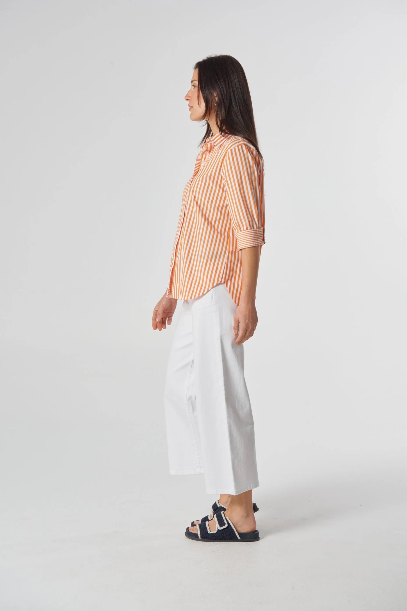 Goondiwindi Cotton Classic 3/4 Sleeve Stripe Shirt - Bright Orange/White