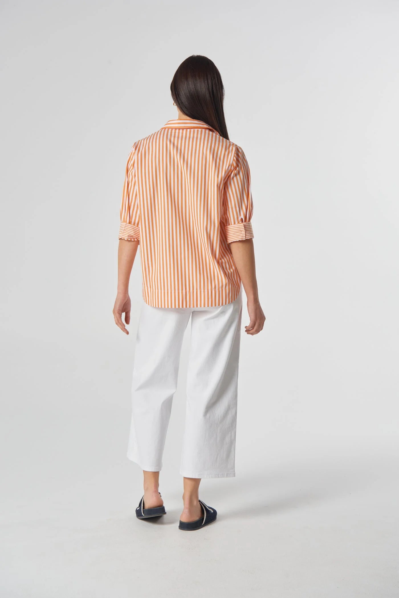 Goondiwindi Cotton Classic 3/4 Sleeve Stripe Shirt - Bright Orange/White
