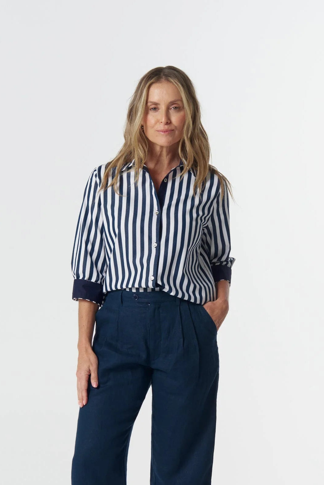 Goondiwindi Cotton Classic Cotton ¾ Sleeve Shirt - Dark Navy/White