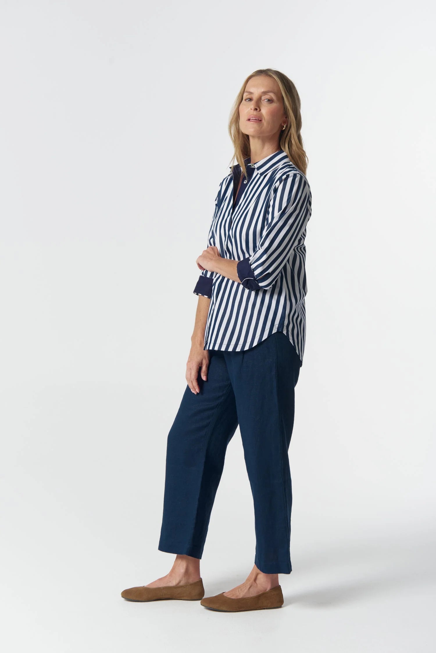 Goondiwindi Cotton Classic Cotton ¾ Sleeve Shirt - Dark Navy/White