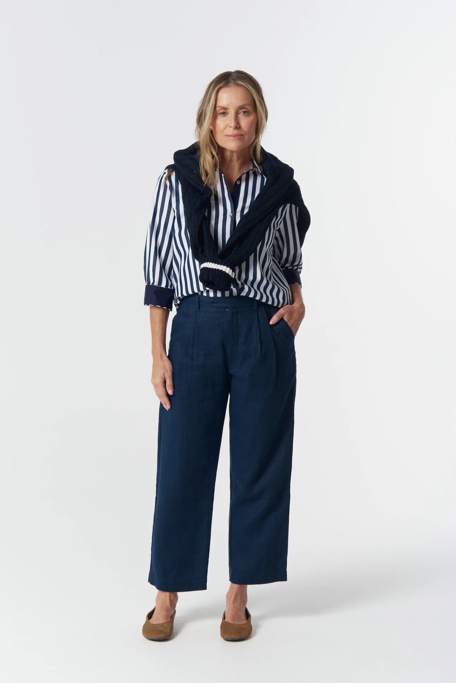 Goondiwindi Cotton Classic Cotton ¾ Sleeve Shirt - Dark Navy/White