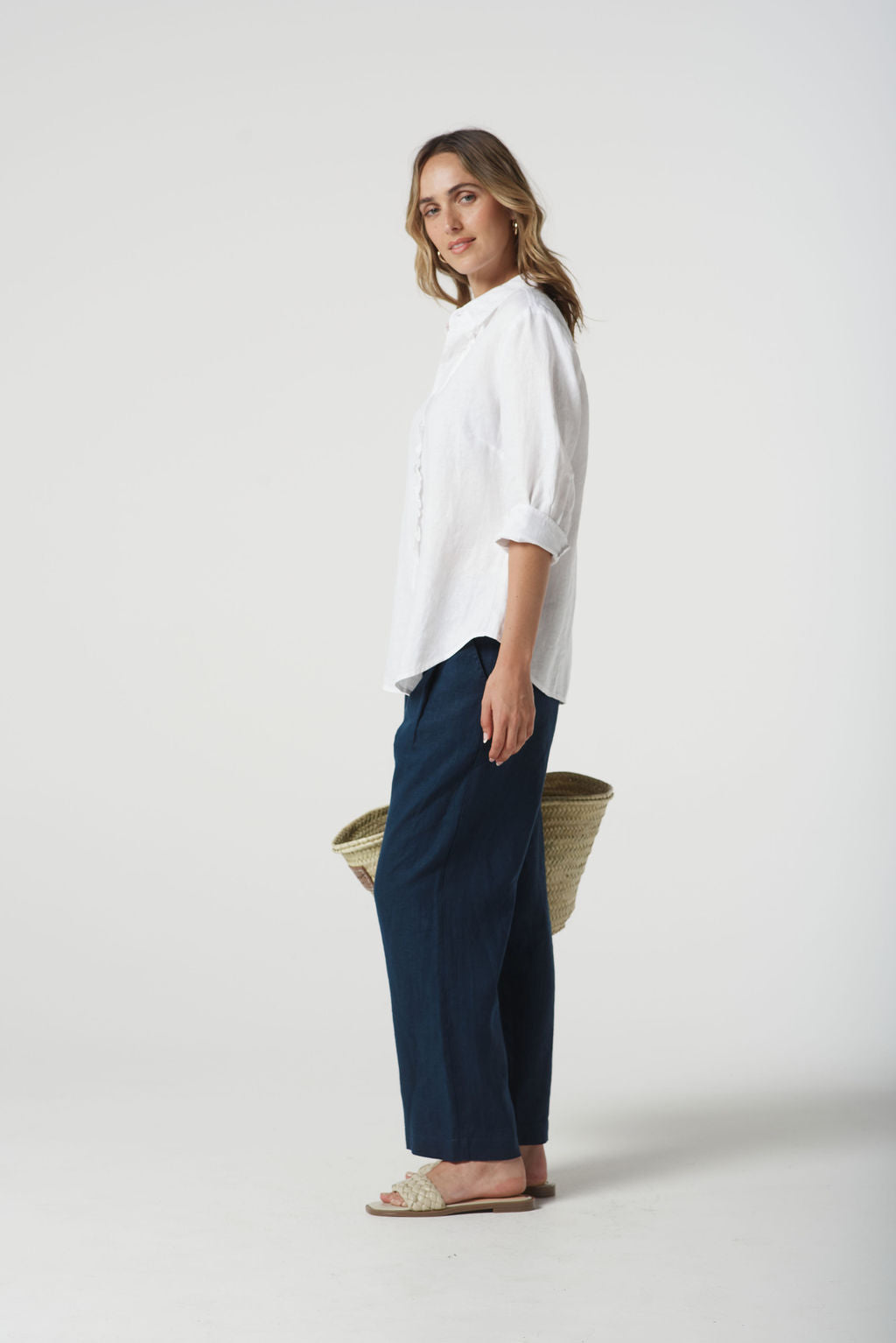 Goondiwindi Cotton Island Linen 3/4 Sleeve Frill Shirt - Optical White