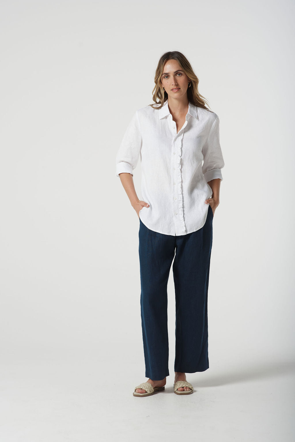Goondiwindi Cotton Island Linen 3/4 Sleeve Frill Shirt - Optical White