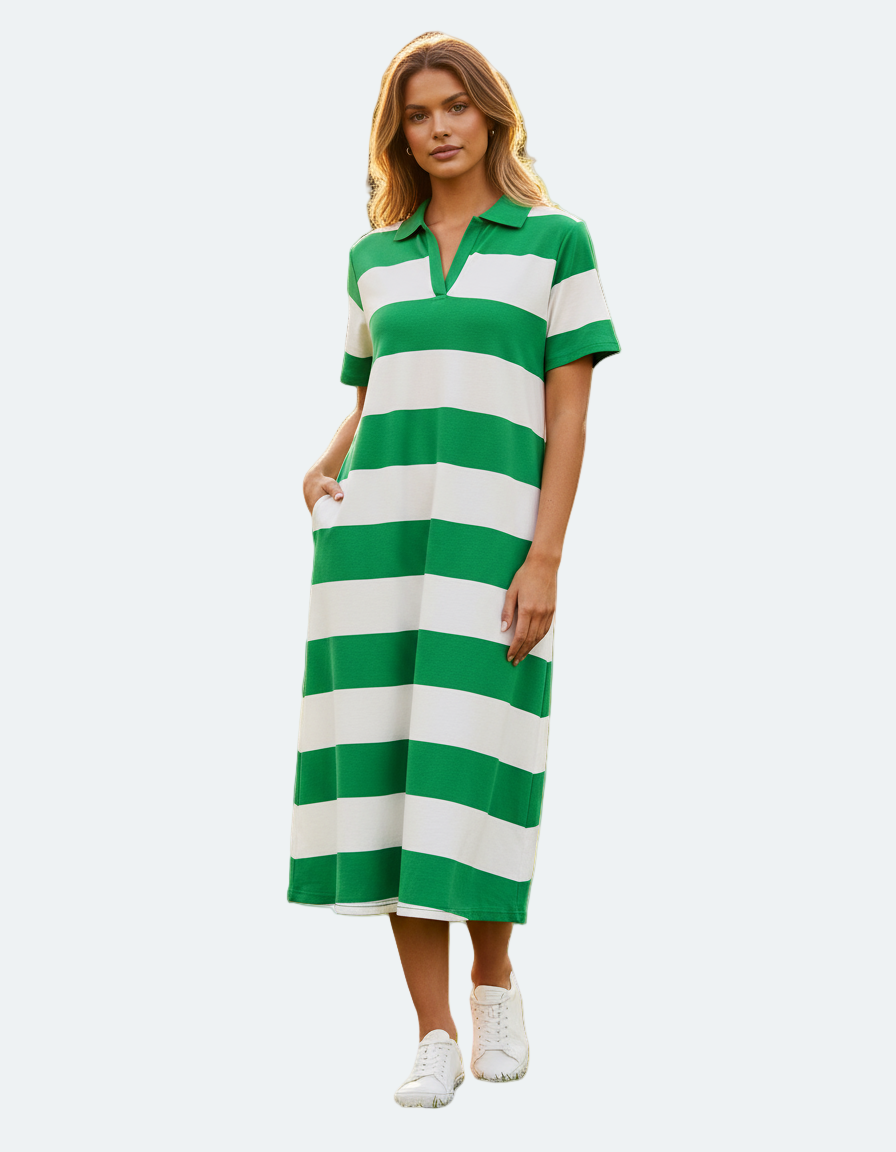Liberty Rose Polo Stripe Relaxed Dress - Emerald/White