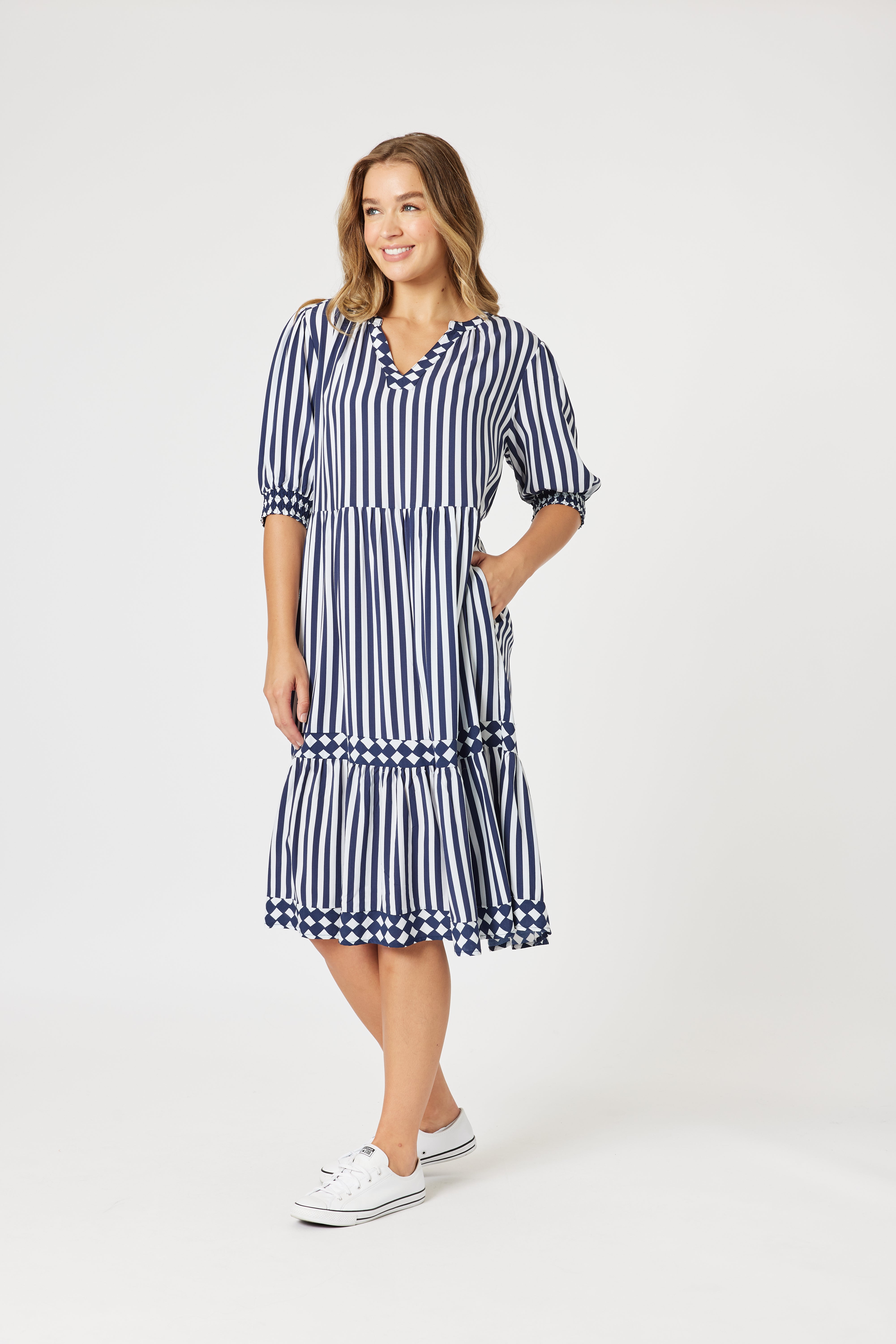 Threadz Harlequin Stripe Tier Dress - Navy/White