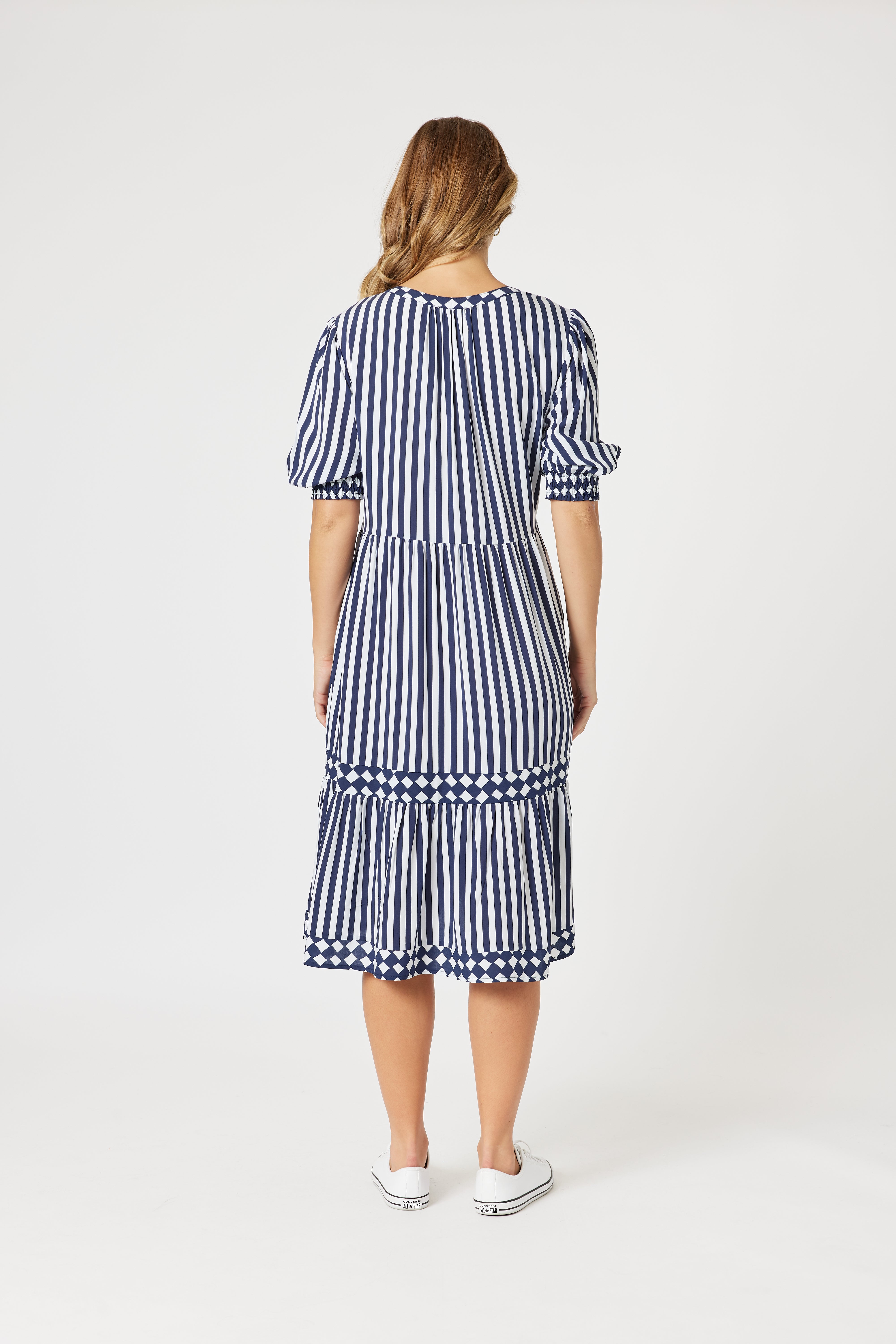 Threadz Harlequin Stripe Tier Dress - Navy/White