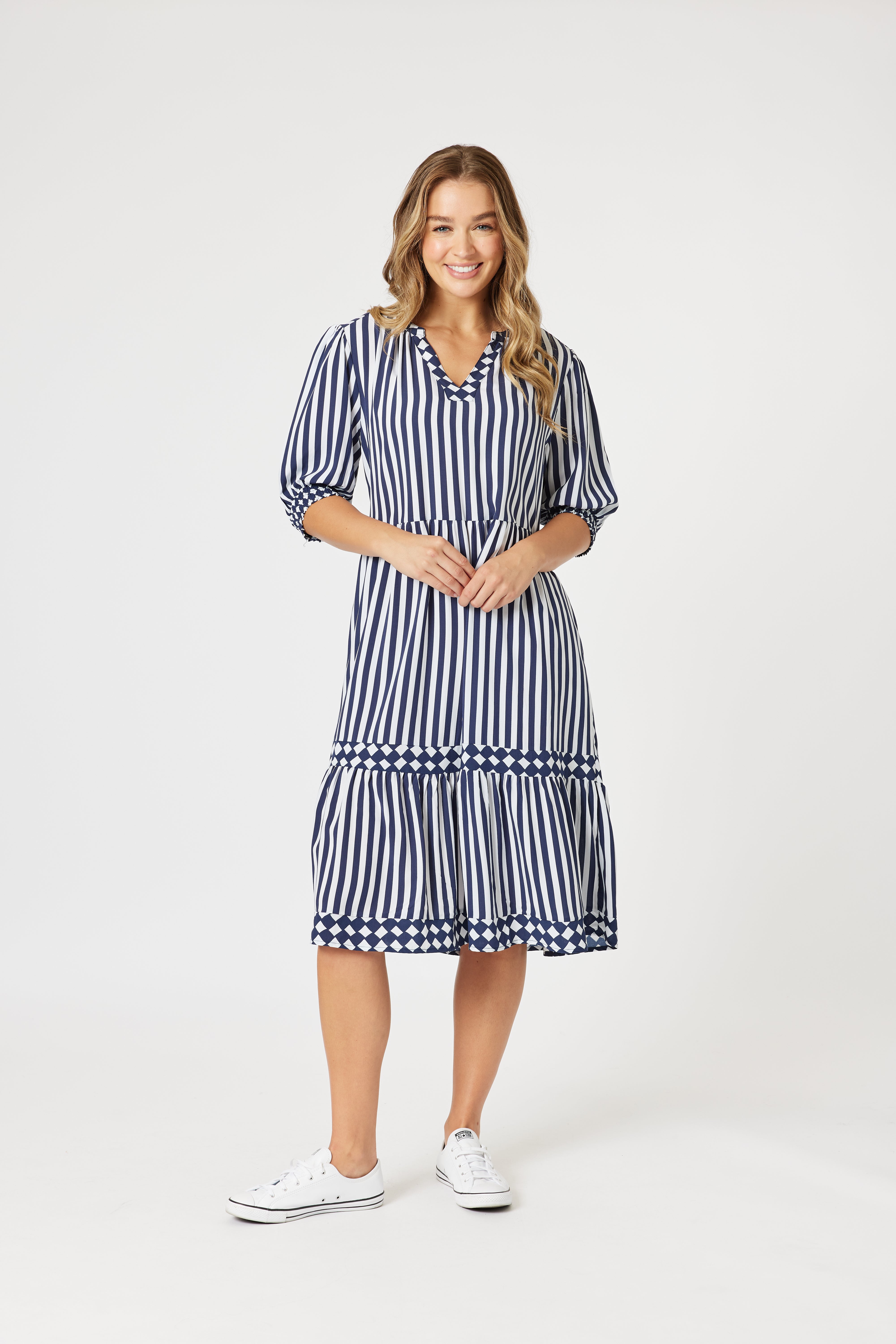 Threadz Harlequin Stripe Tier Dress - Navy/White
