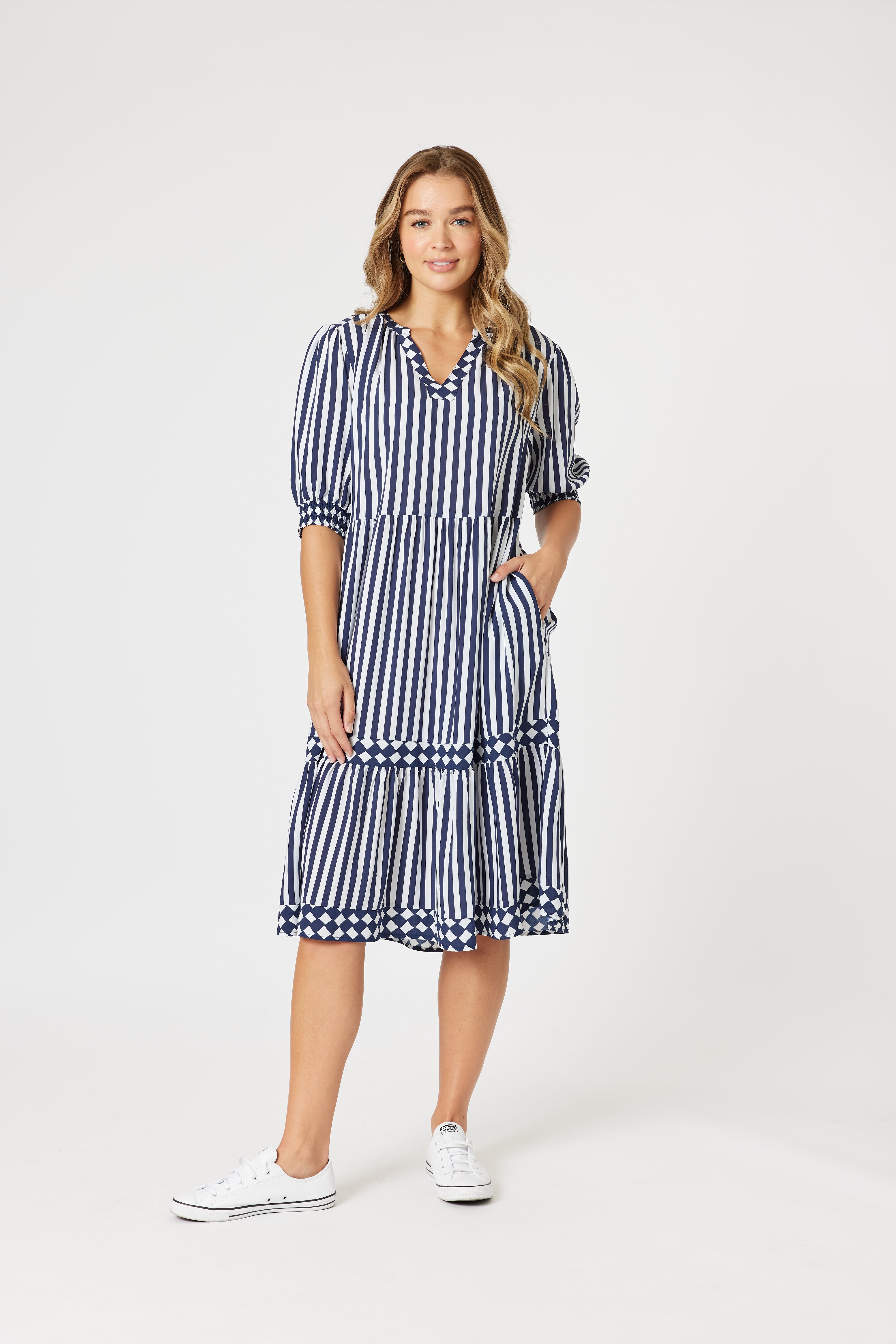 Threadz Harlequin Stripe Tier Dress - Navy/White