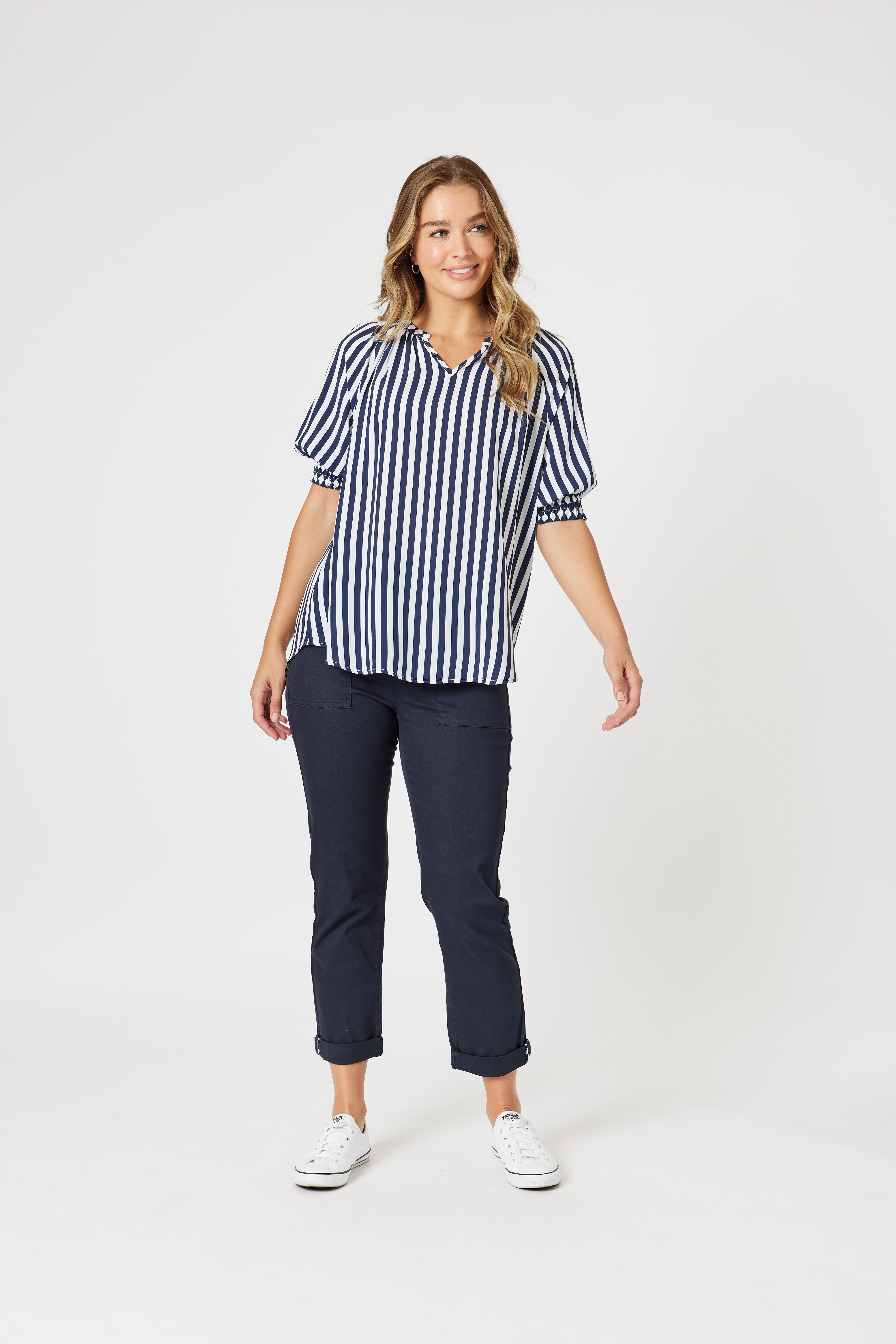 Threadz Harlequin Stripe Top - Navy/White