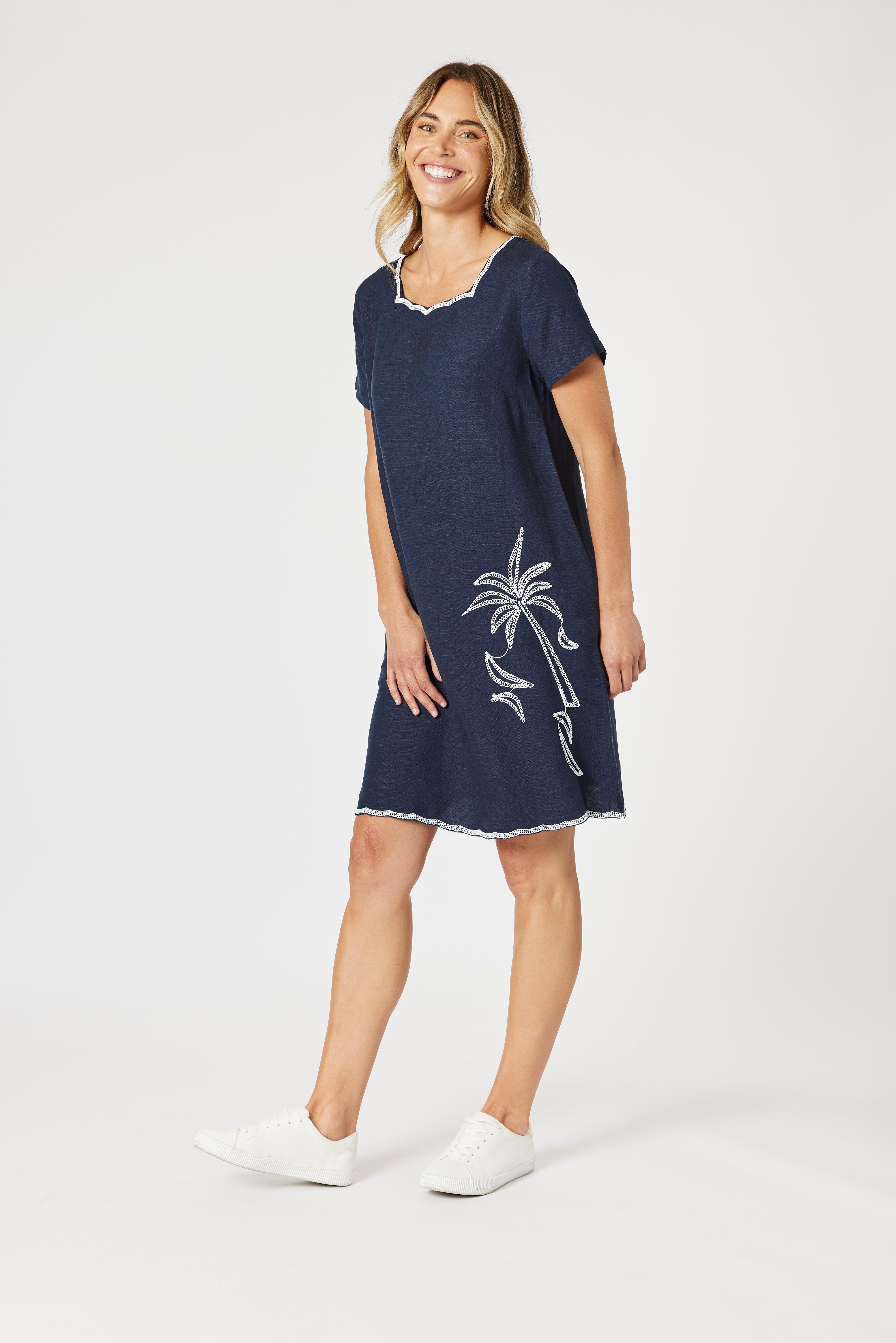 Gordon Smith Palm Embroidered Lino Dress - Navy/White