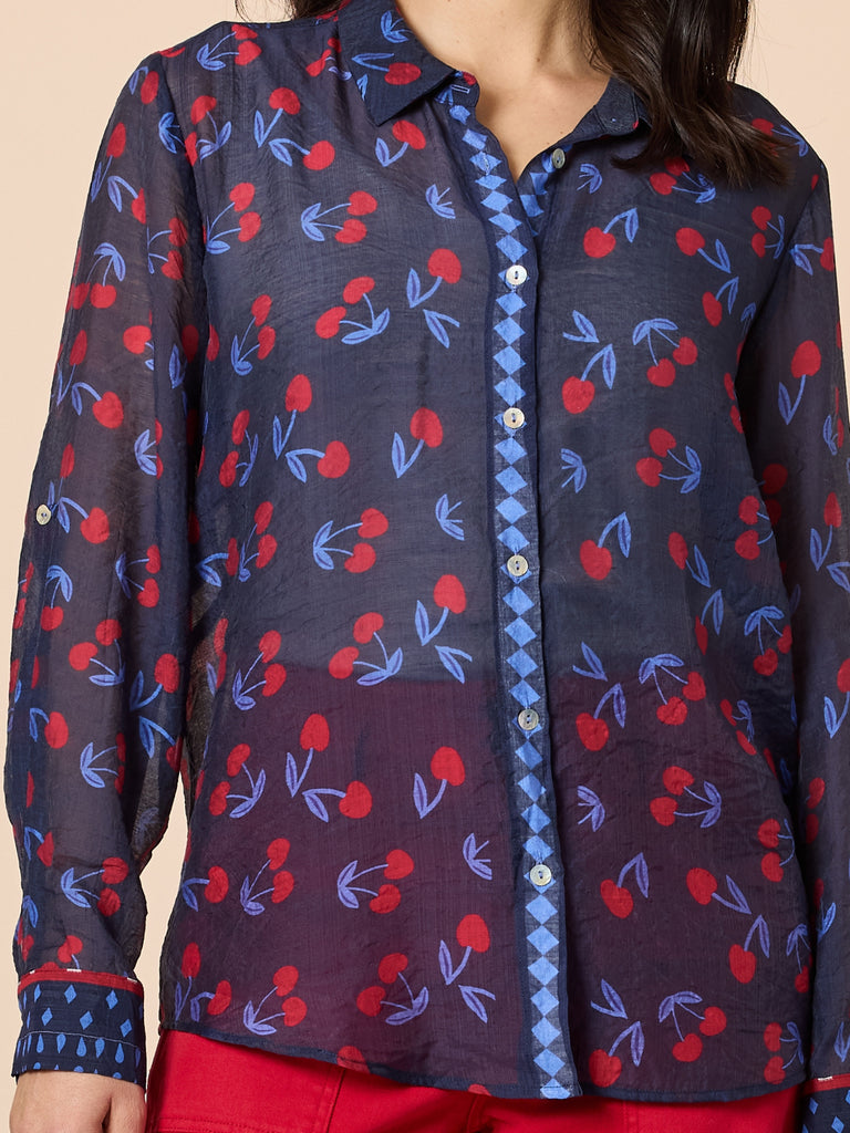 Gordon Smith Cherry Delight Print Sheer Shirt - Navy/Red