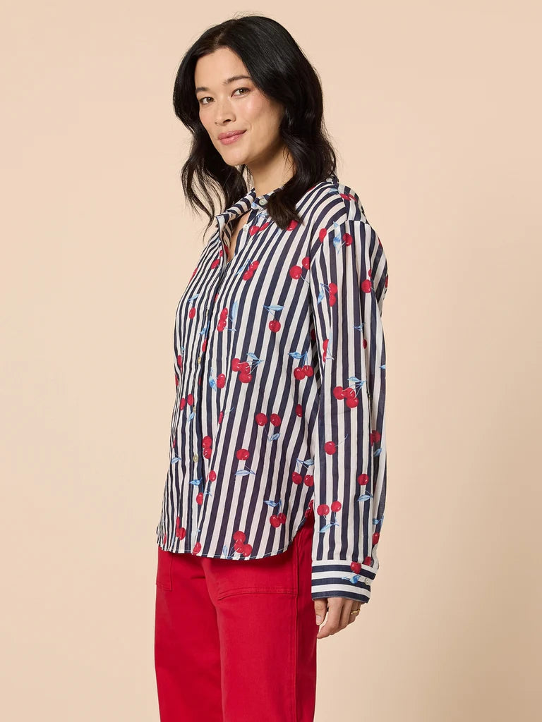 Gordon Smith Cherry Stripe Print Sheer Shirt - Navy/White
