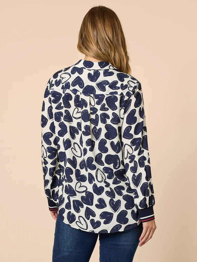 Threadz Luna Heart Print Shirt - Navy/Ivory