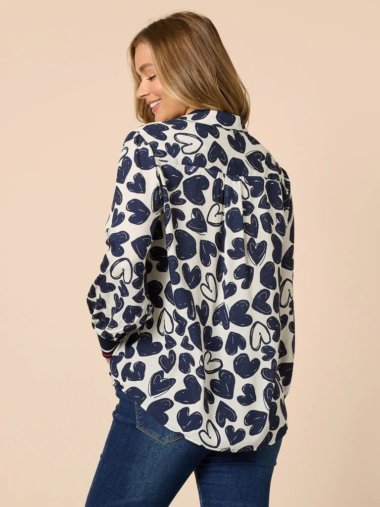 Threadz Luna Heart Print Shirt - Navy/Ivory