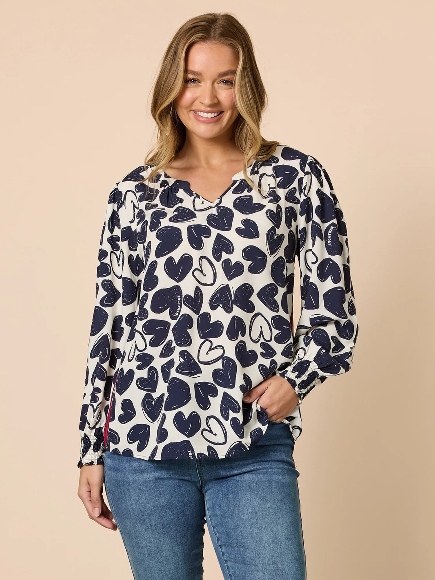 Threadz Luna Heart Print Top - Navy/Ivory