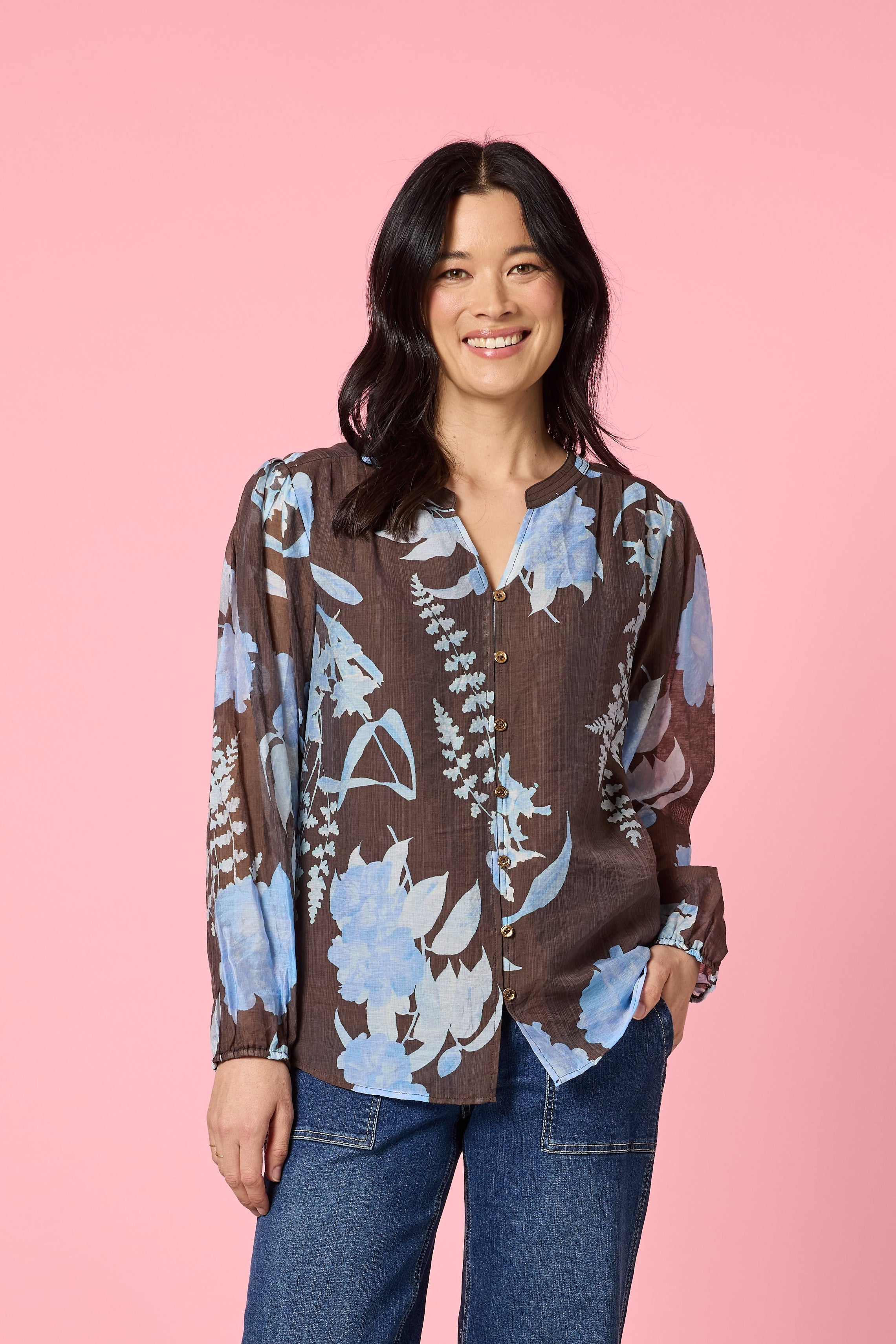 Gordon Smith Vermont Print Top - Coffee/Blue