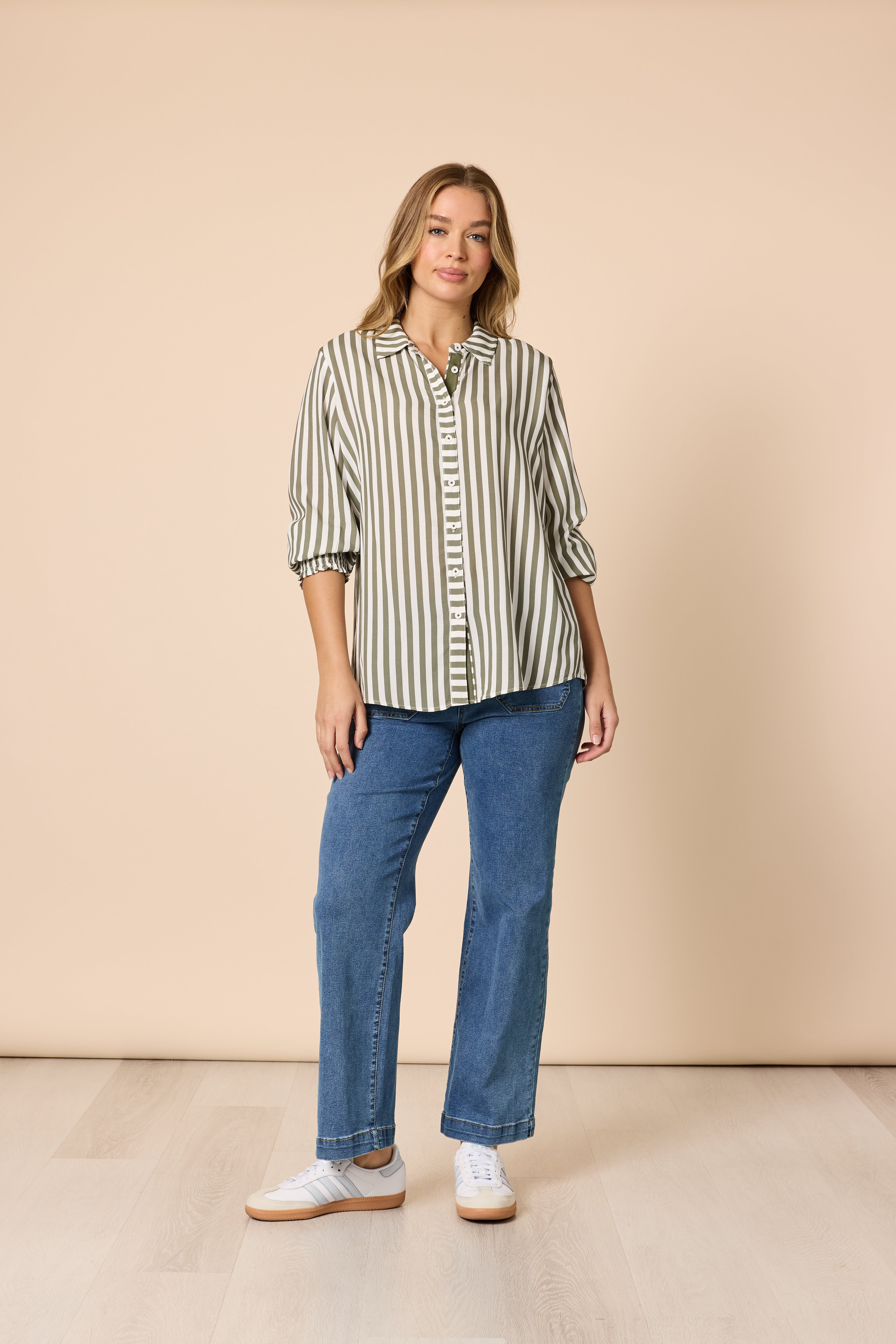 Threadz Amour Stripe Print Shirt - Khaki/White