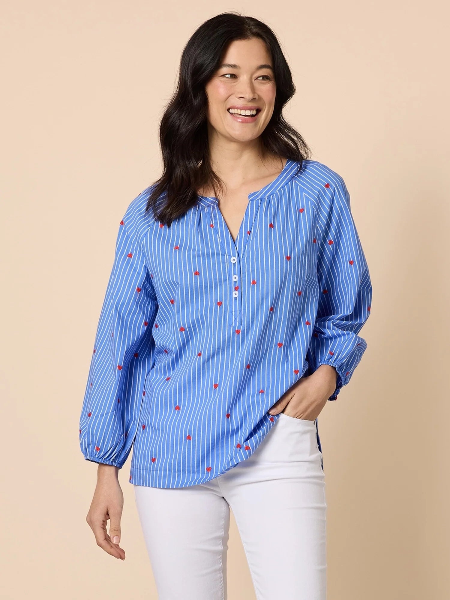 Gordon Smith Cherish Embroidered Heart Stripe Print Top - Blue/White
