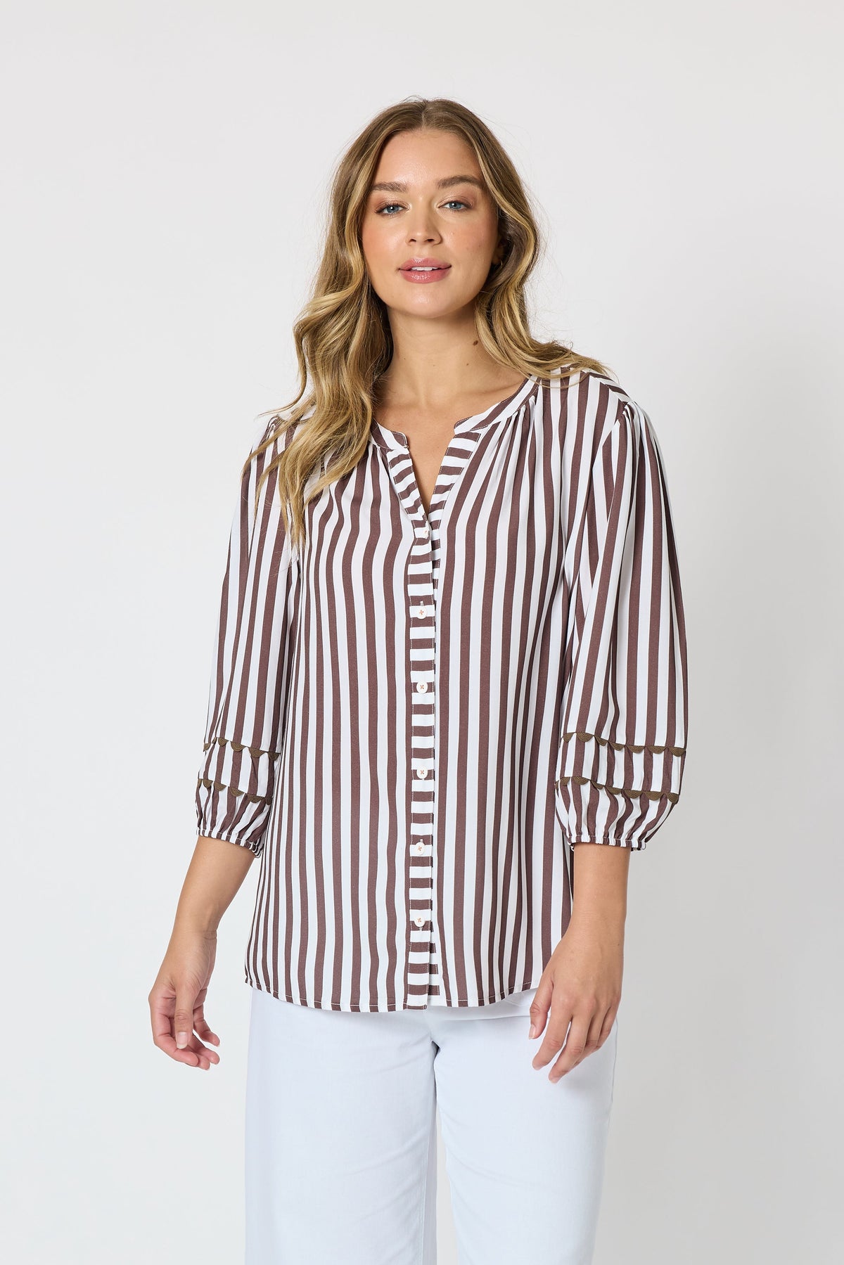 Threadz Montecito Stripe Top - Coffee/White