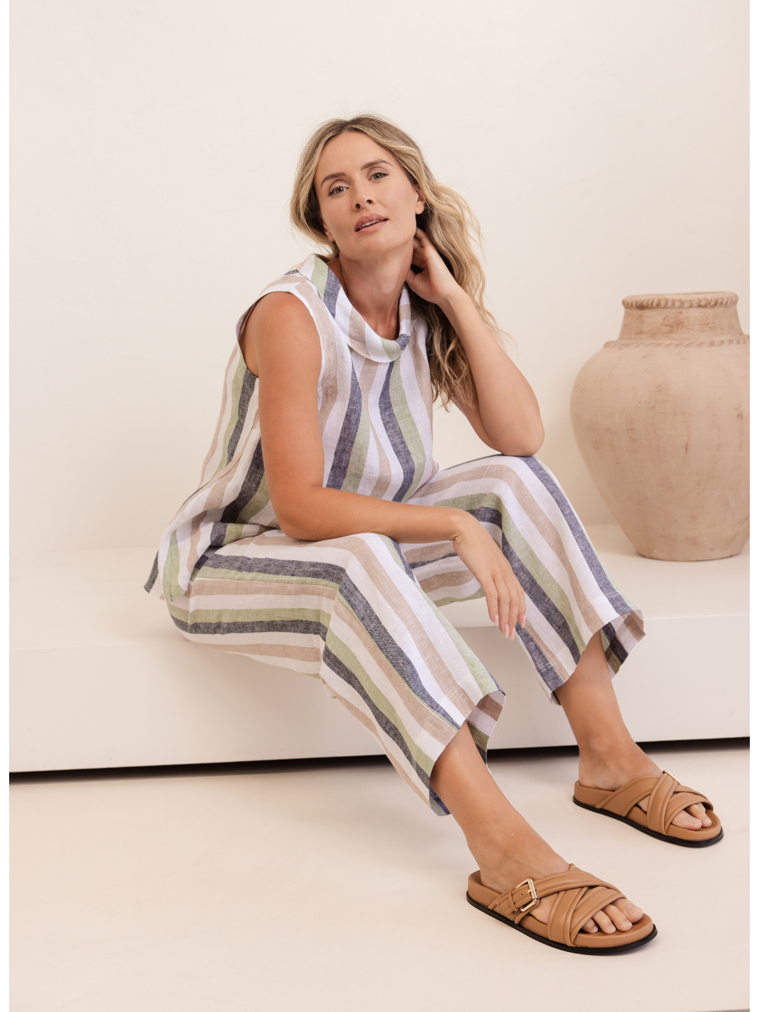 See Saw 7/8 Wide Leg Elastic Waist Pant - Pistachio/Charcoal