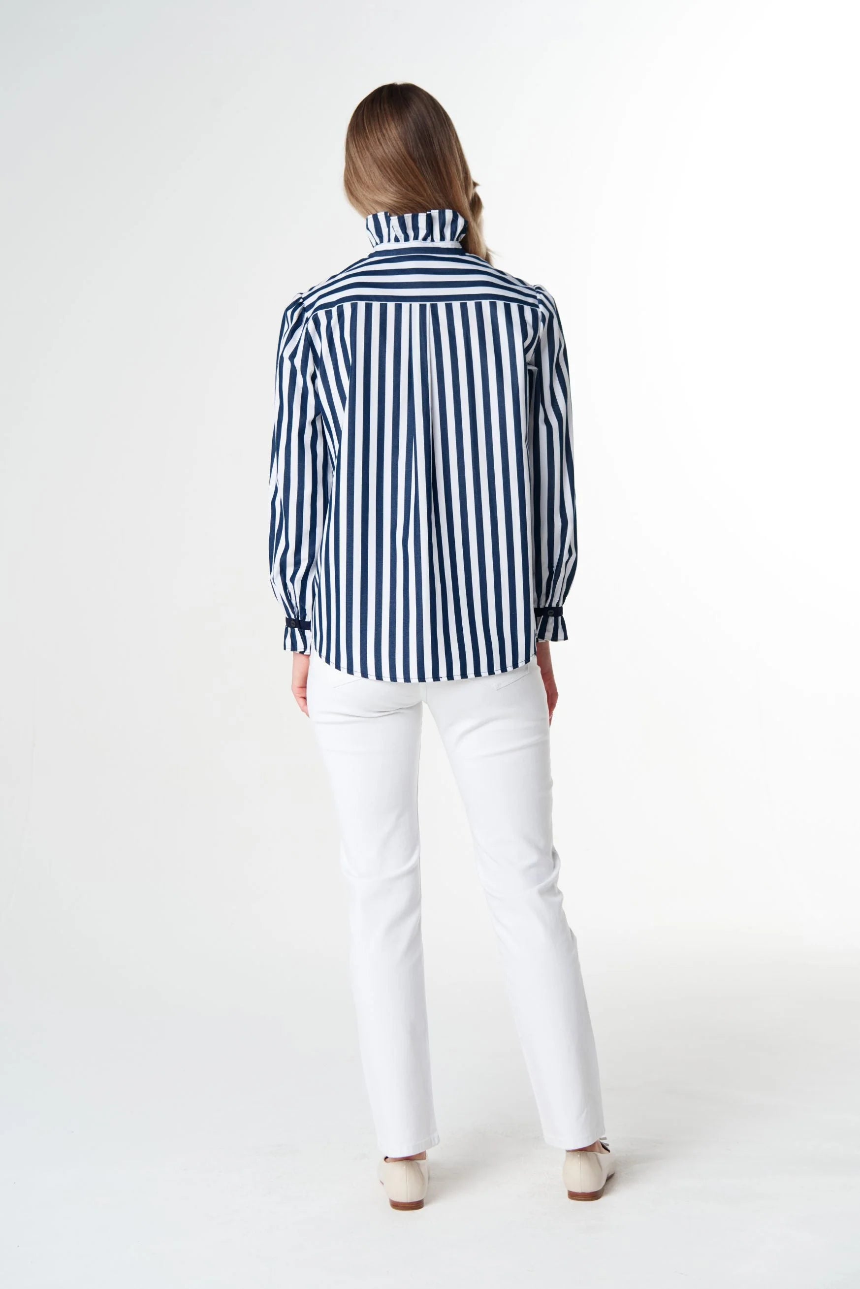 Goondiwindi Cotton Sky Frill Neck Cotton Shirt - Dark Navy/White