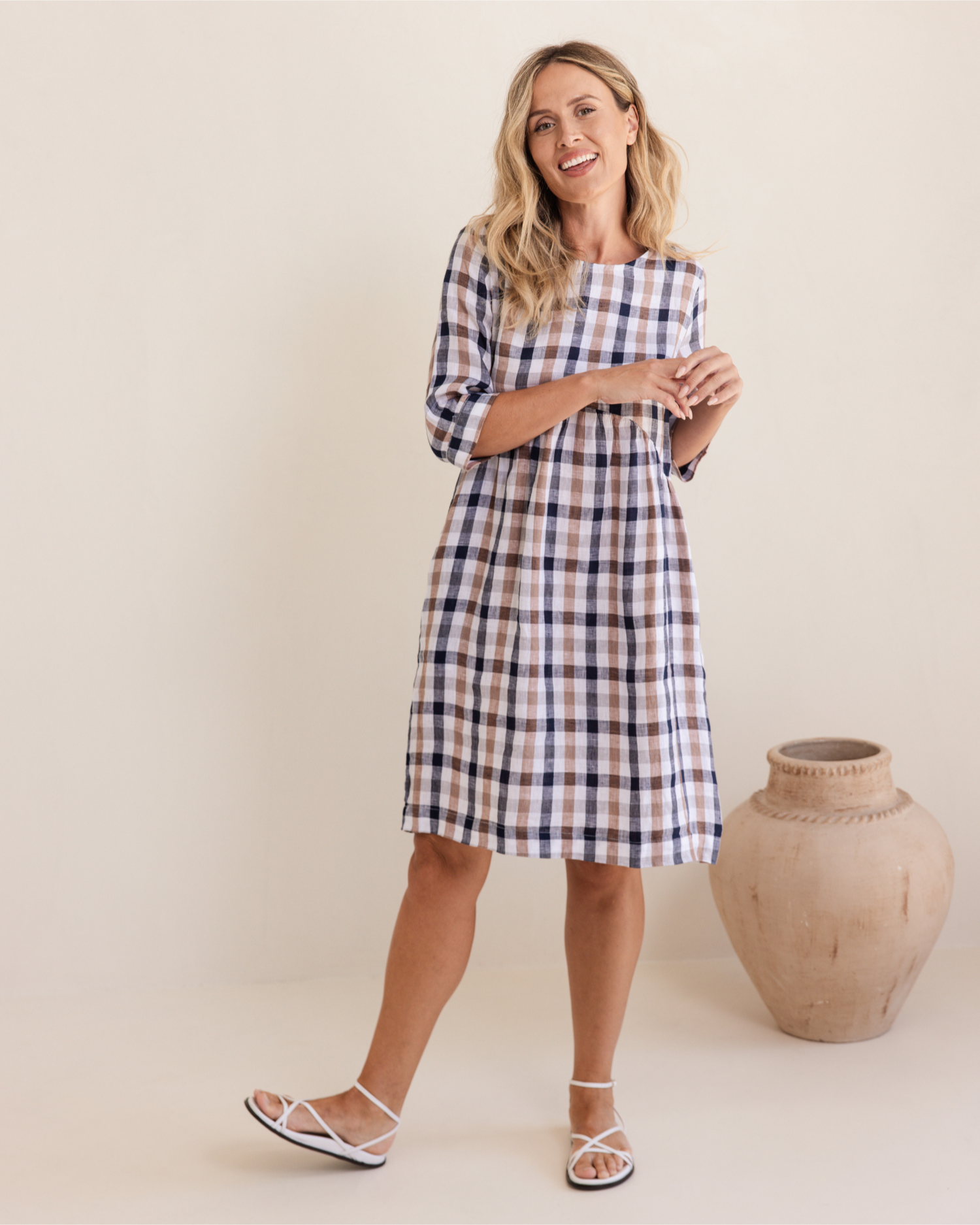 See Saw 3/4 Sleeve Button Back Dress - Navy/Bronze Check