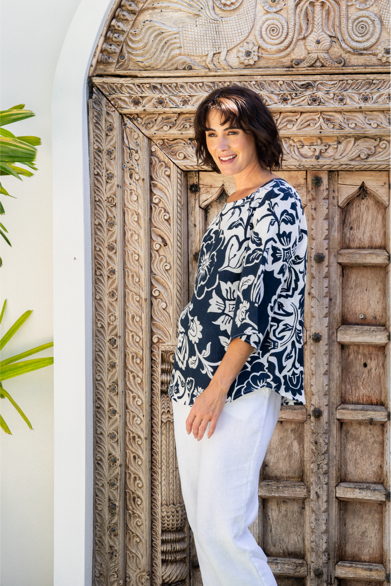 See Saw 3/4 Sleeve Boat Neck Top - Vine Print