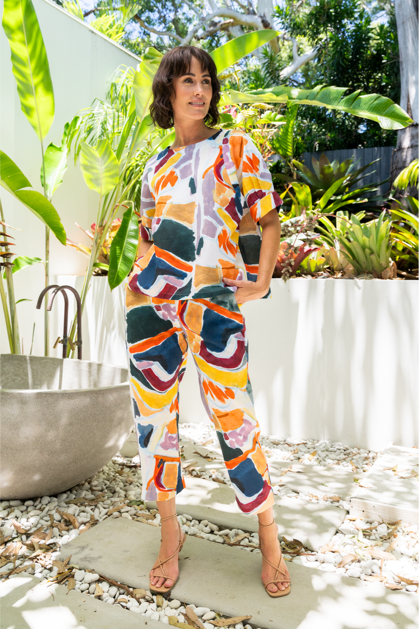 See Saw Cuff Sleeve Top - Abstract