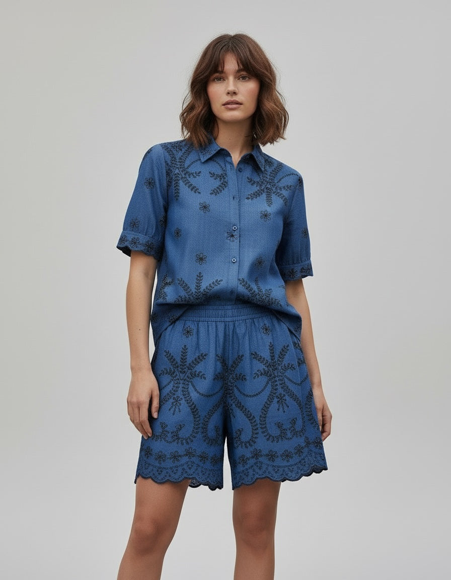 Liberty Rose Embroidered Short - Mid Blue