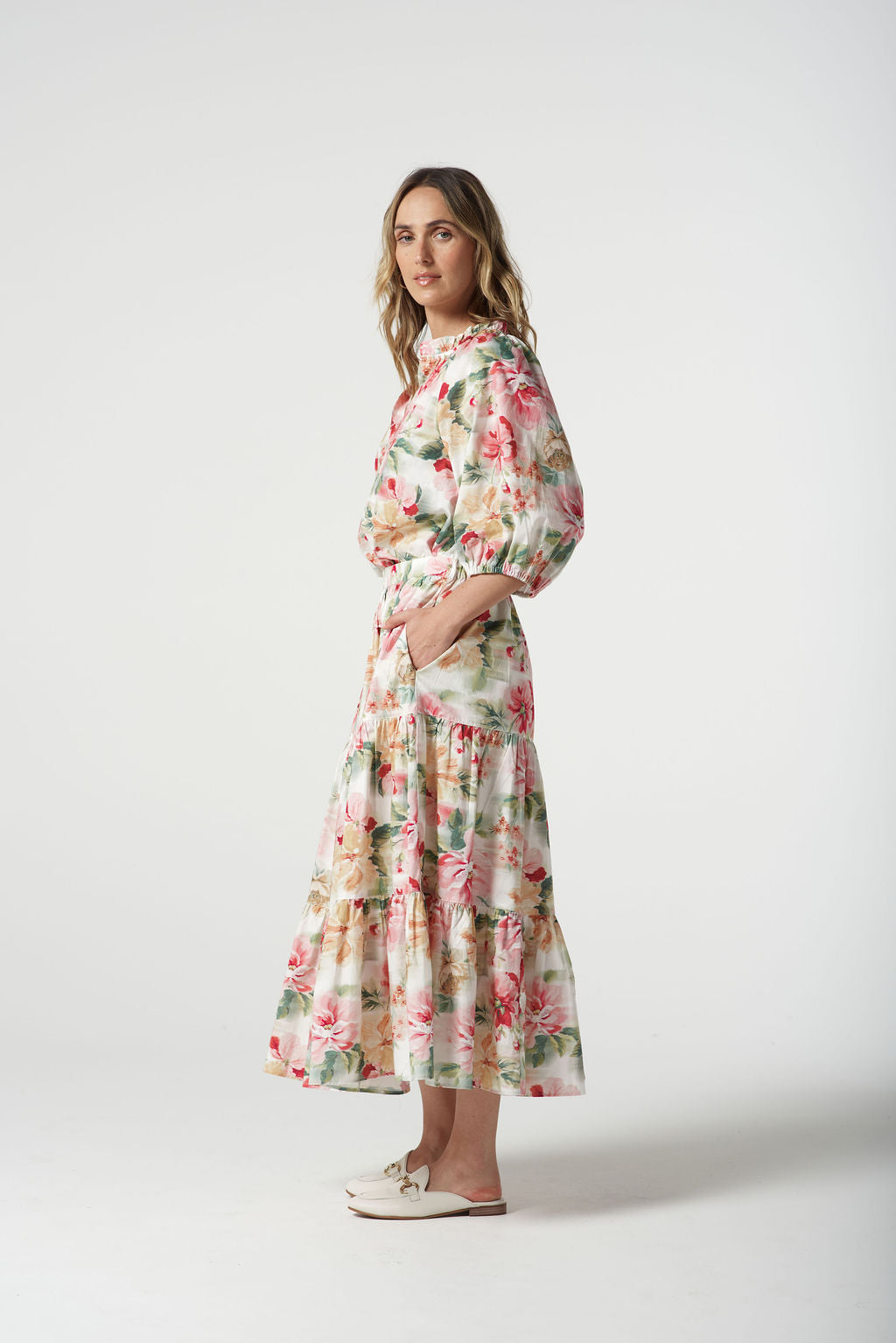 Goondiwindi Cotton Lagoon Tiered Cotton Skirt - Blurred Floral