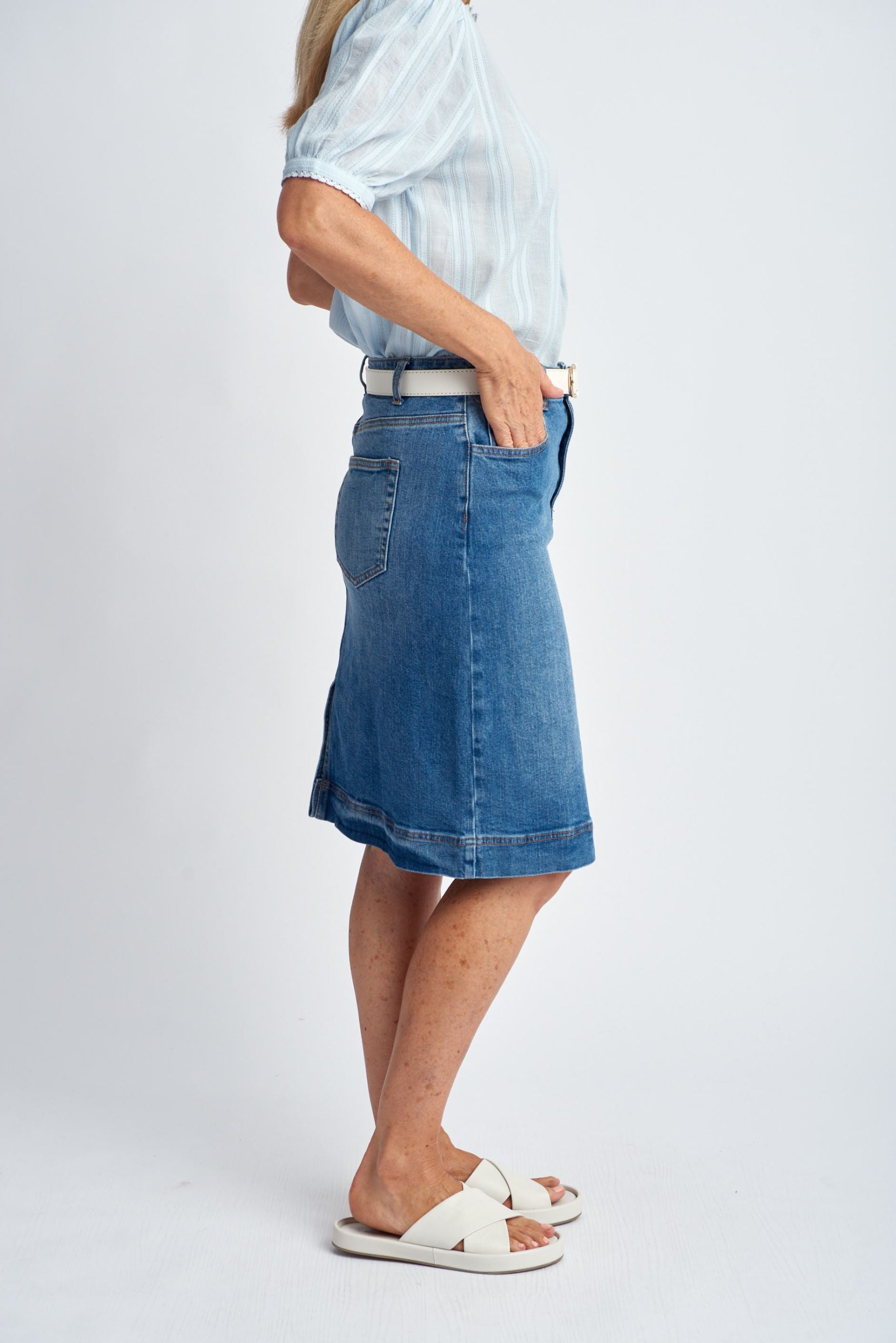 Goondiwindi Cotton Denim Knee Length Skirt - Light Blue