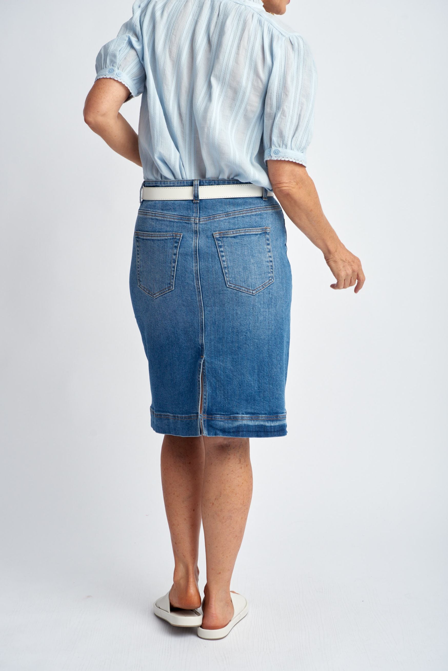 Goondiwindi Cotton Denim Knee Length Skirt - Light Blue