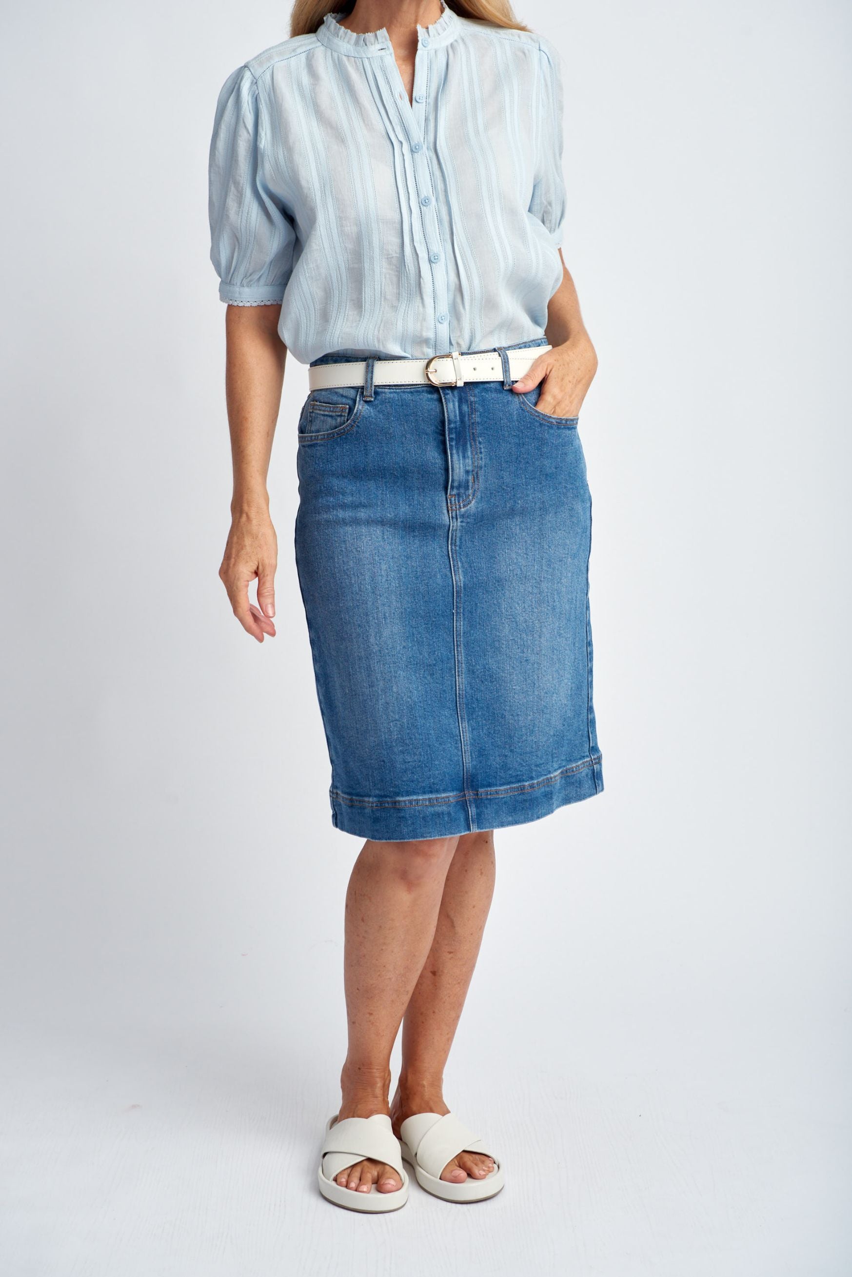 Goondiwindi Cotton Denim Knee Length Skirt - Light Blue