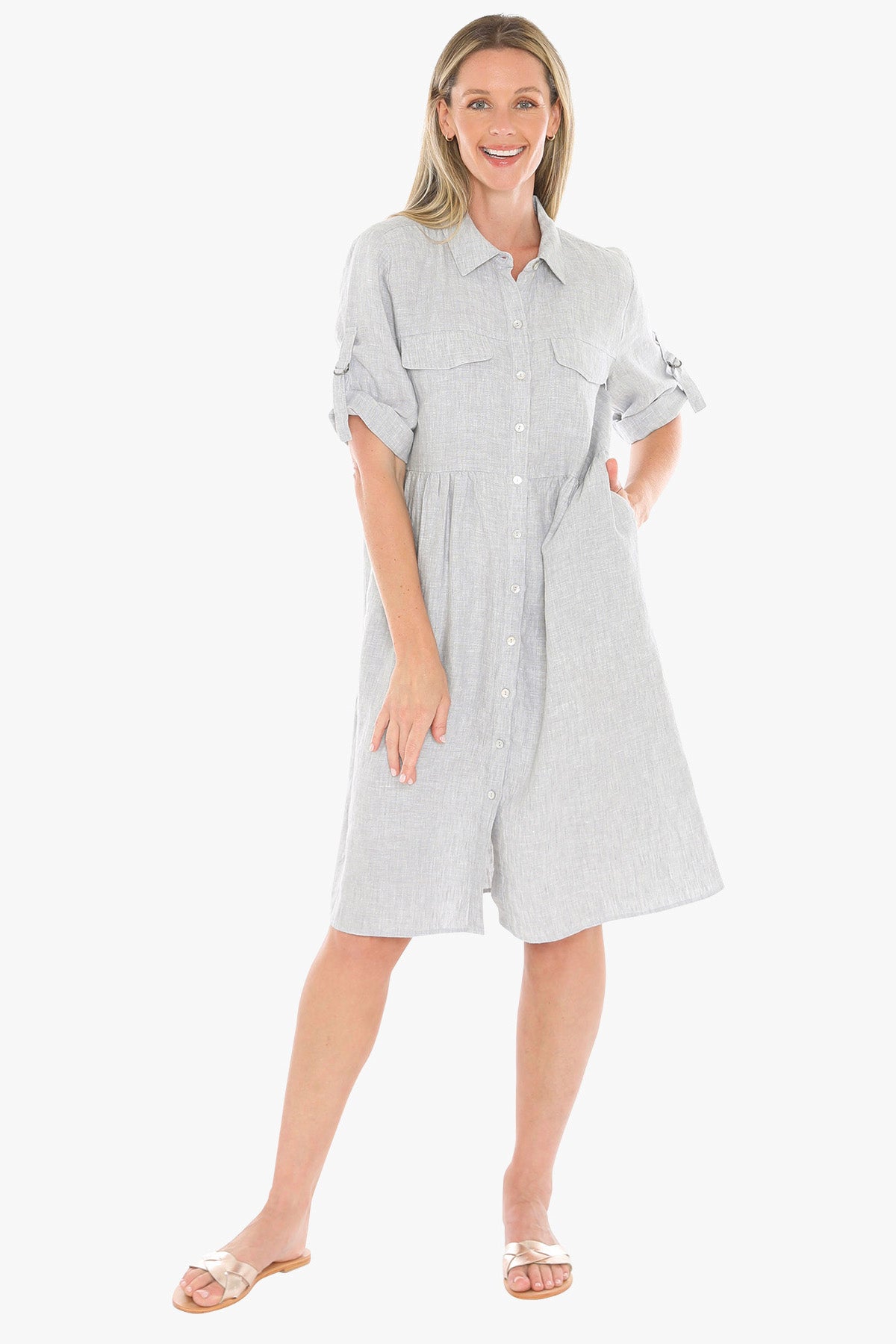 Jump Linen Collared Pocket Shirt Dress – Silver